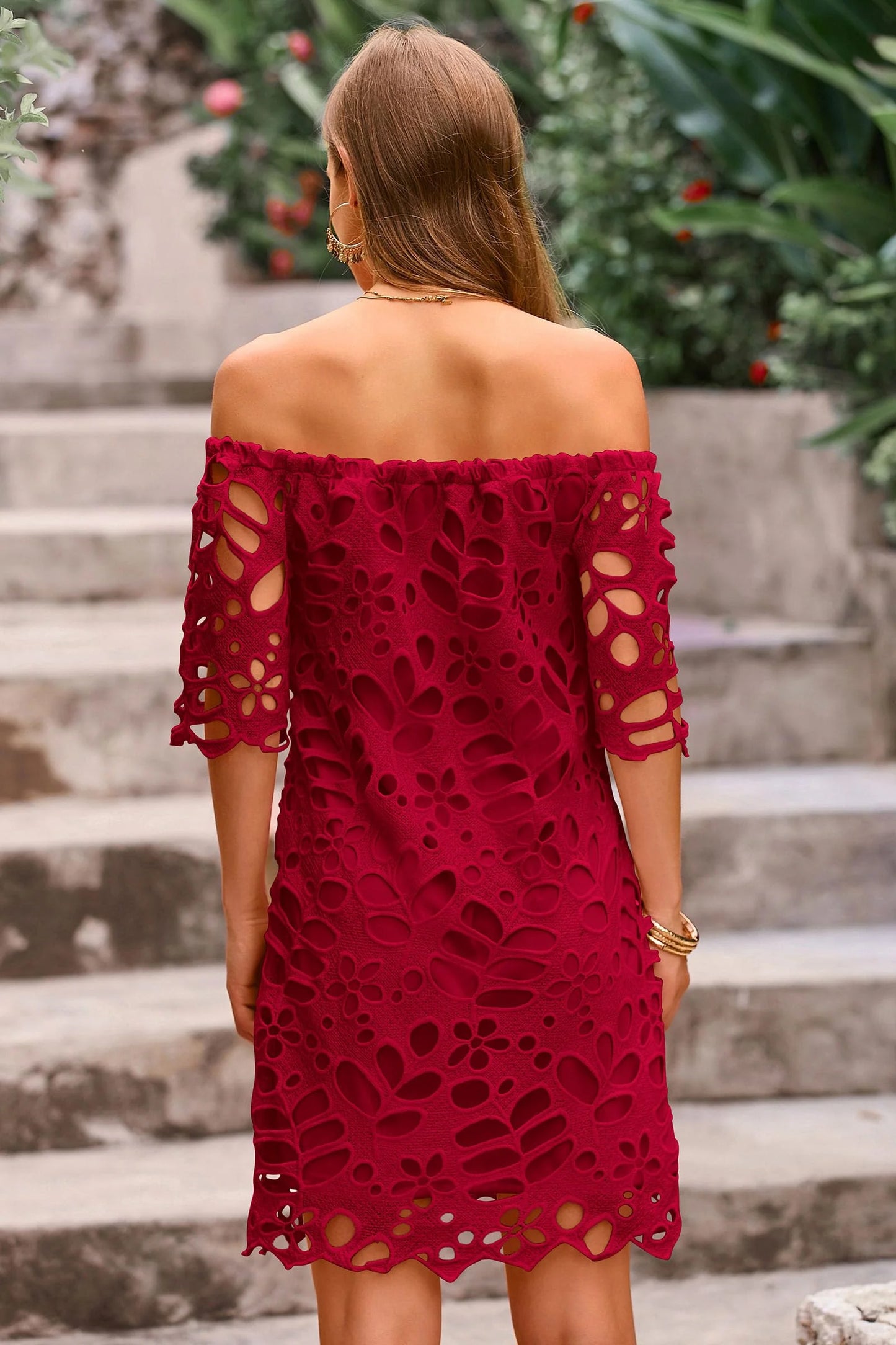 Women's Summer Off Shoulder Dresses Floral Lace Flare Short Sleeve Spring Vintage Elegant Mini Dress