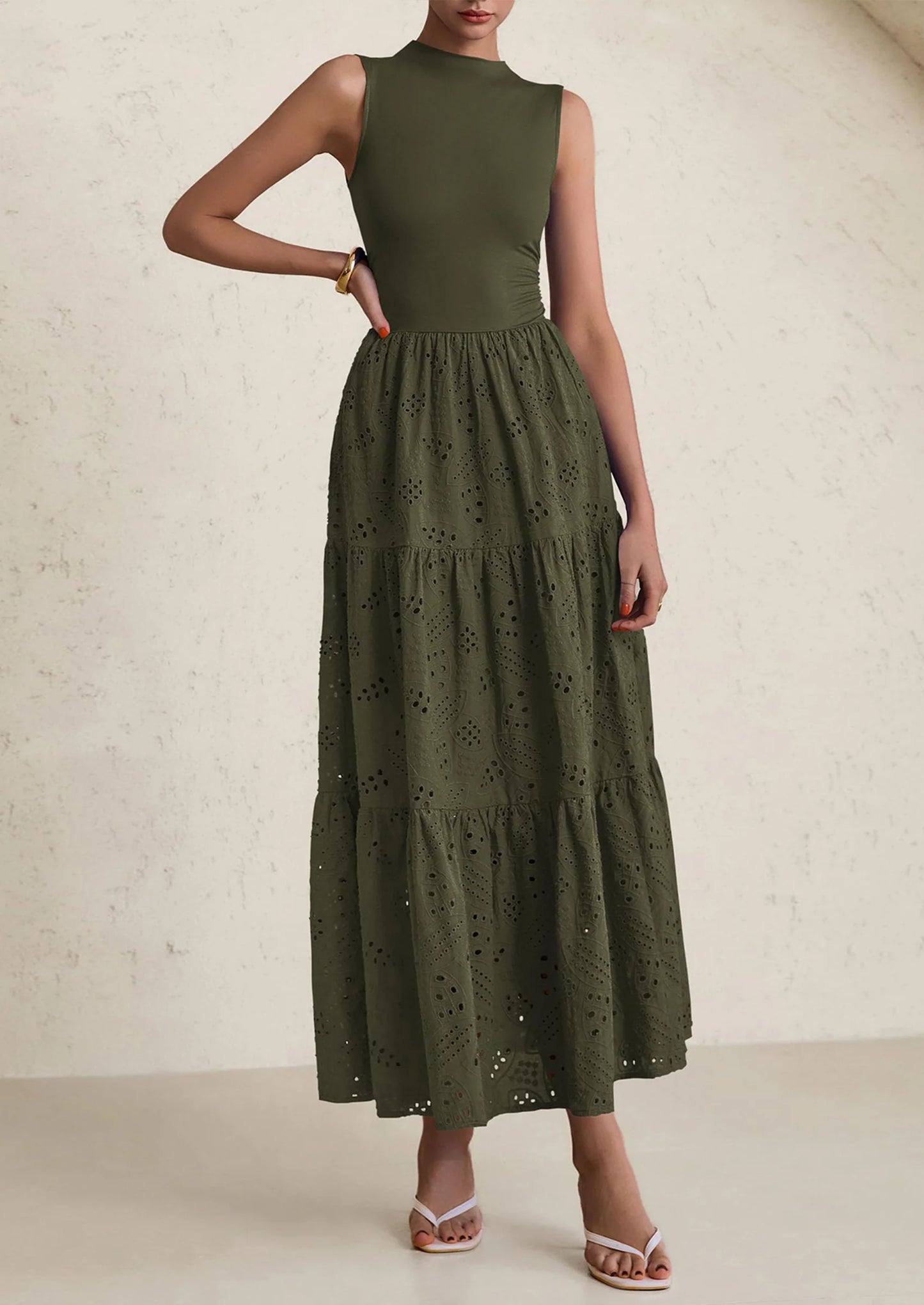 Dresses for Women Casual Eyelet Sleeveless Wedding Guest Maxi Dress Tank Top Sundress with Pockets