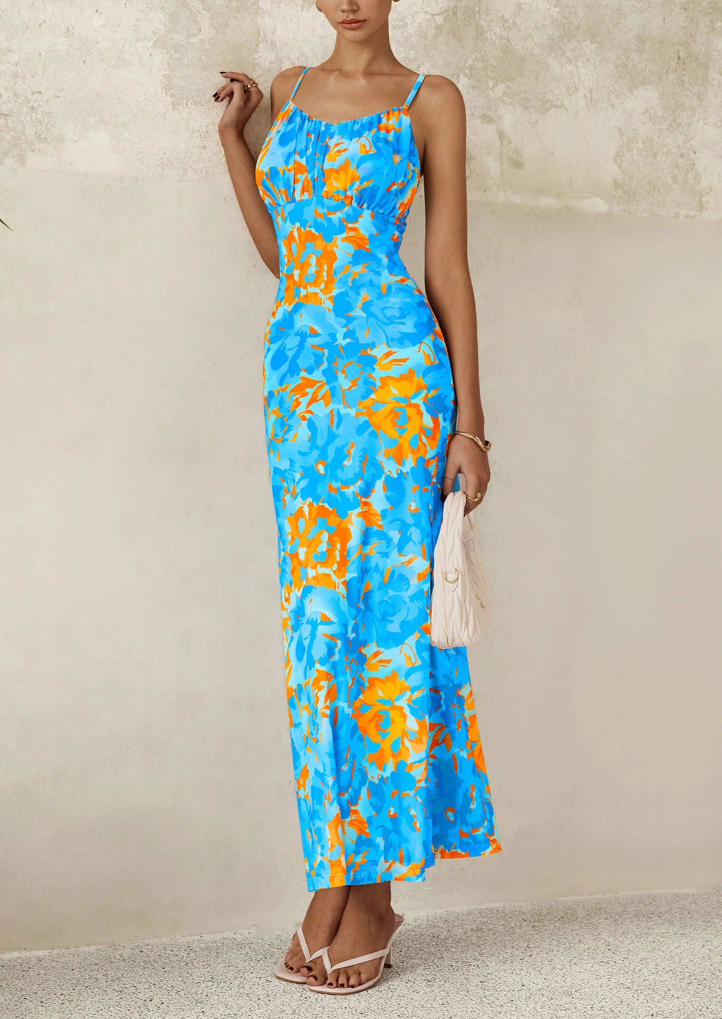 Women's Bodycon Maxi Dress Floral Sundress Sleeveless Spaghetti Strap Cocktail Party Dress