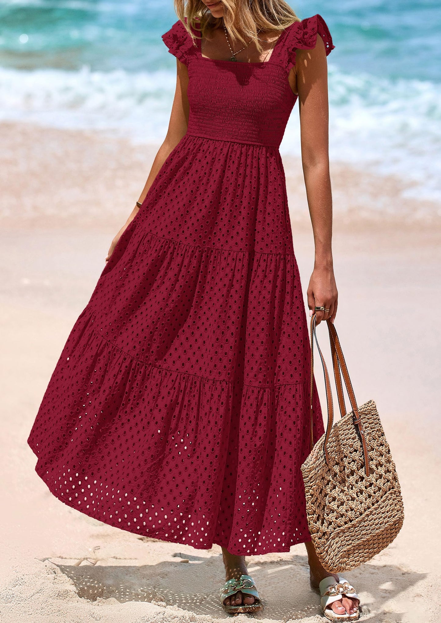 Womens Square Neck Maxi Dresses Cap Sleeve Eyelet Smocked Tiered A Line Flowy Long Dress with Pockets