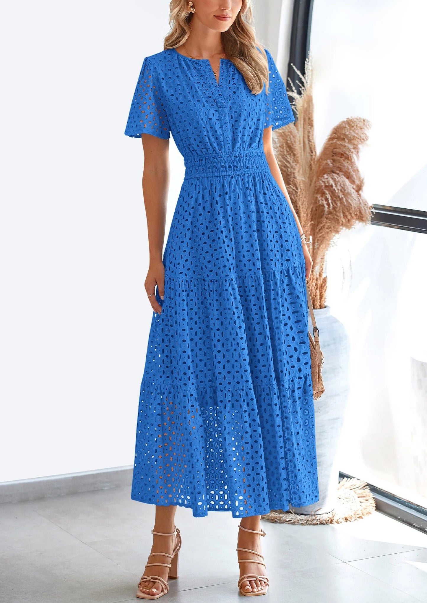 Womens Maxi Dress Short Sleeve V Neck Hollow Out Eyelet A Line Long Flowy Beach Vacation Dresses