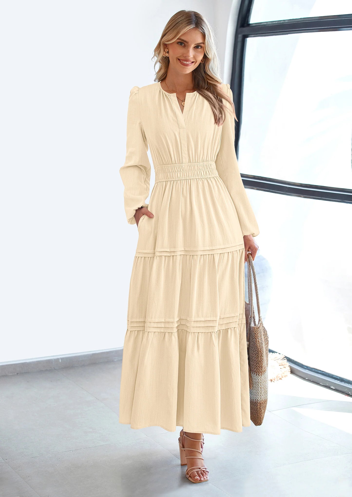 Women's Elegant Maxi Dresses Long Sleeve V Neck Flowy Pockets Casual Modest Dress Fall Fashion Clothes