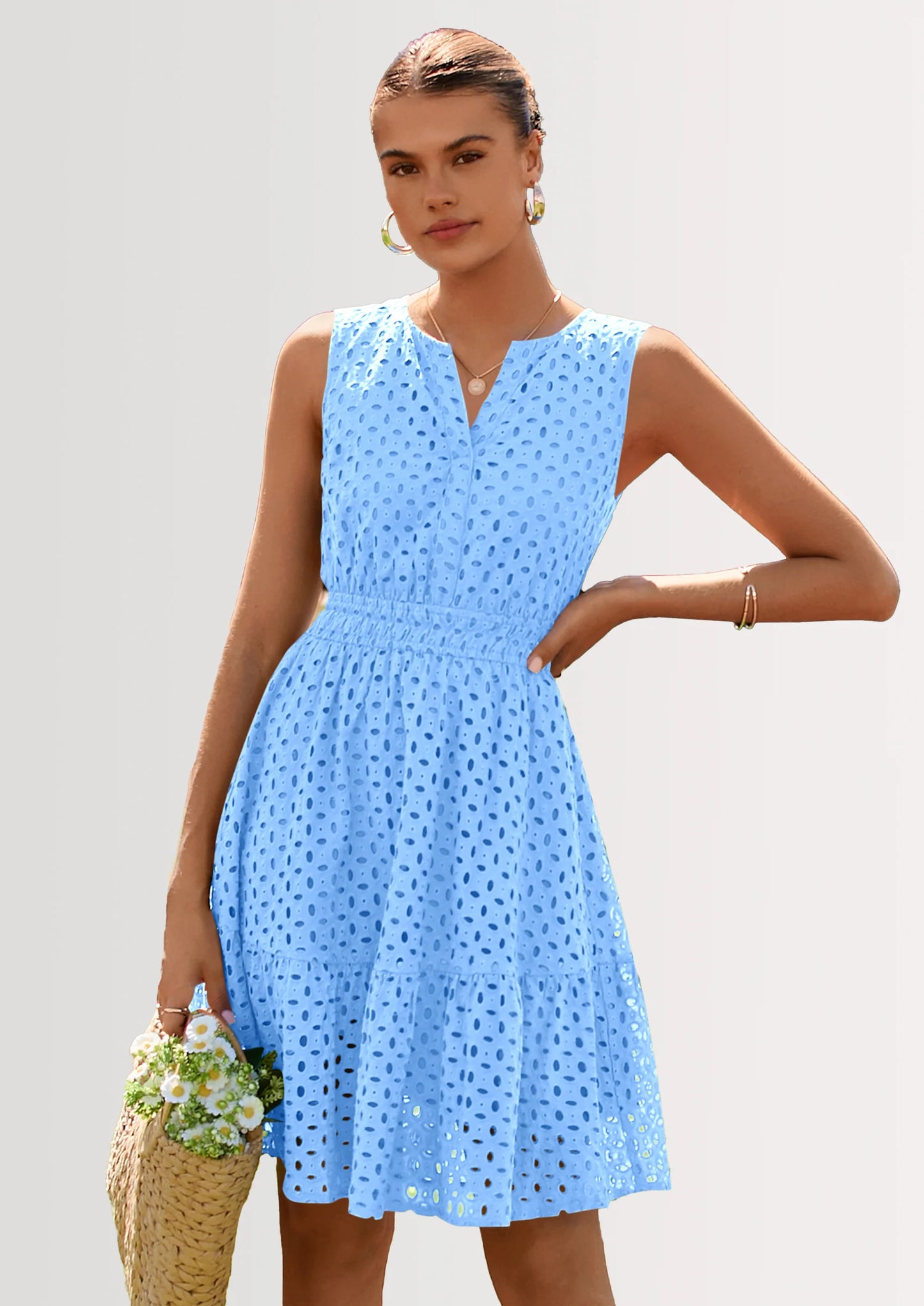 Women's Summer Dresses Sleeveless V Neck Eyelet Hollow Out Swing A Line Beach Vacation Sun Dress