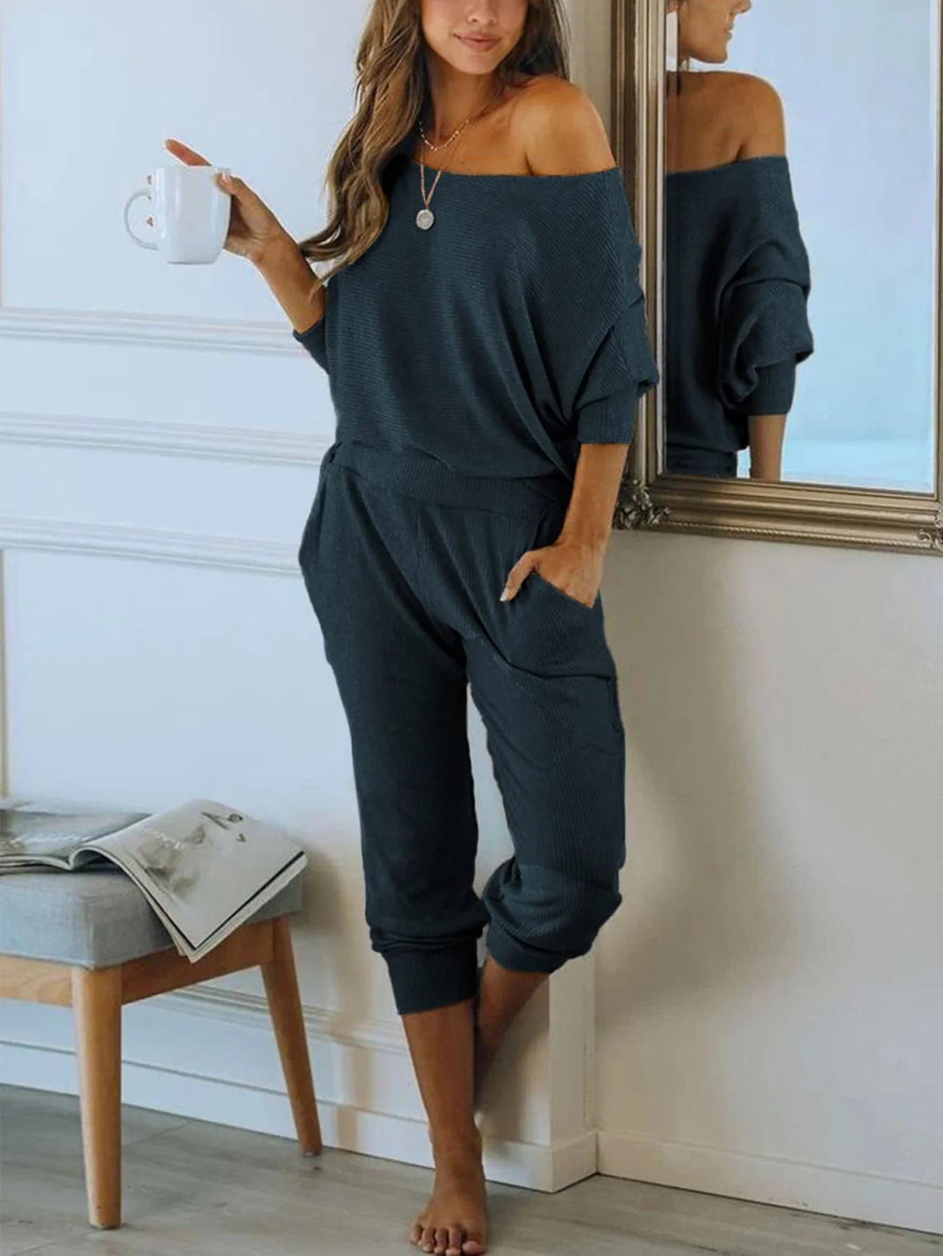 Women's 2 Piece Ribbed Tracksuit Outfits Off Shoulder Long Sleeve Pullover Lounge Pants with Pockets