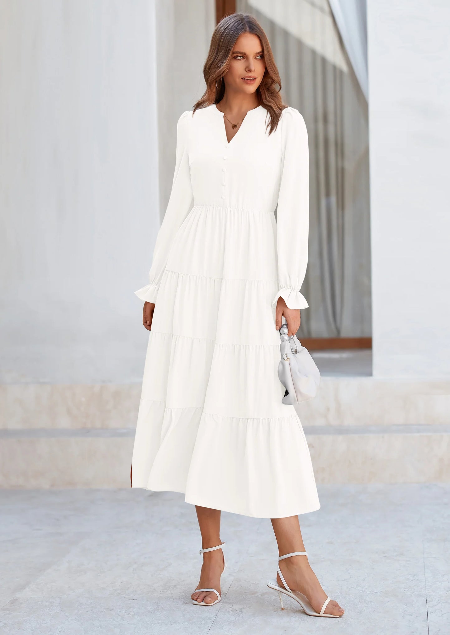 Women Fall Long Sleeve Smocked Maxi Dress Casual Square Neck Swiss Dot Tiered Ruffle Flowy Spring Pocket Dresses