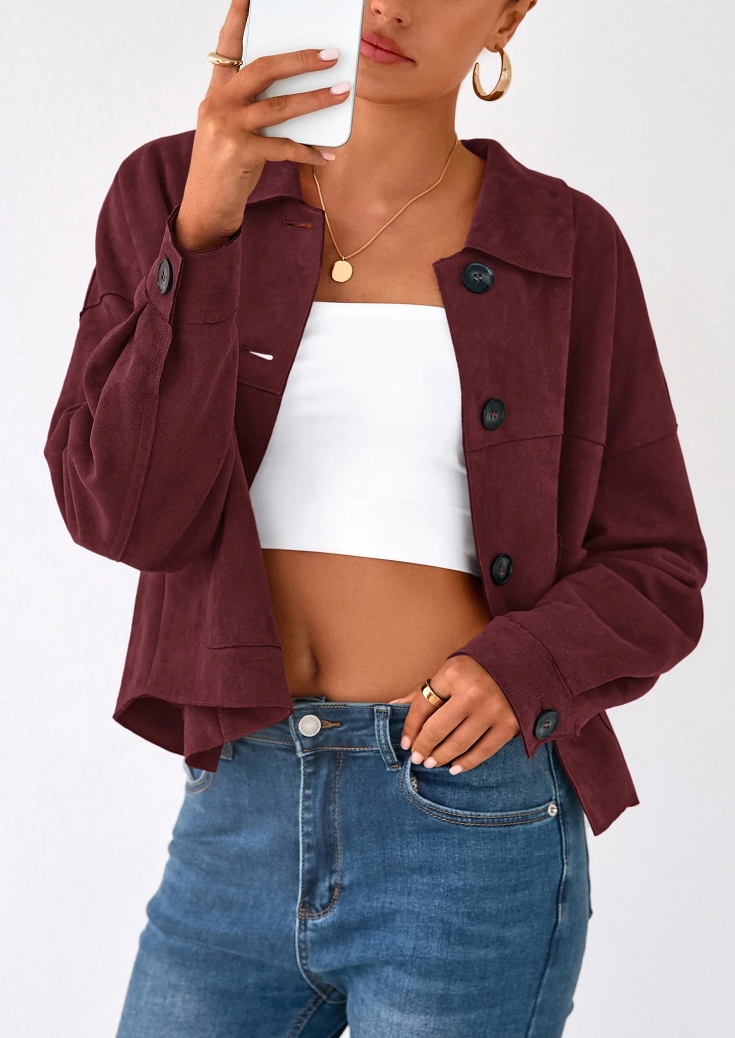 Women's Faux Suede Cropped Jacket Casual Lightweight Fall Fashion Winter Coats Outerwear Trendy Clothes
