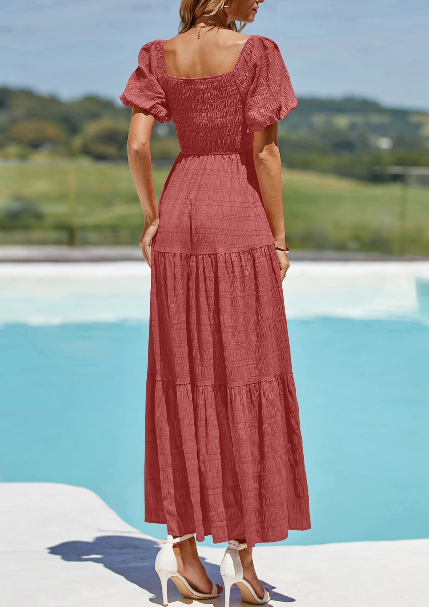 Womens Summer Puff Short Sleeve Maxi Dress Square Neck Smocked Tiered Ruffle A Line Long Flowy Beach Dresses