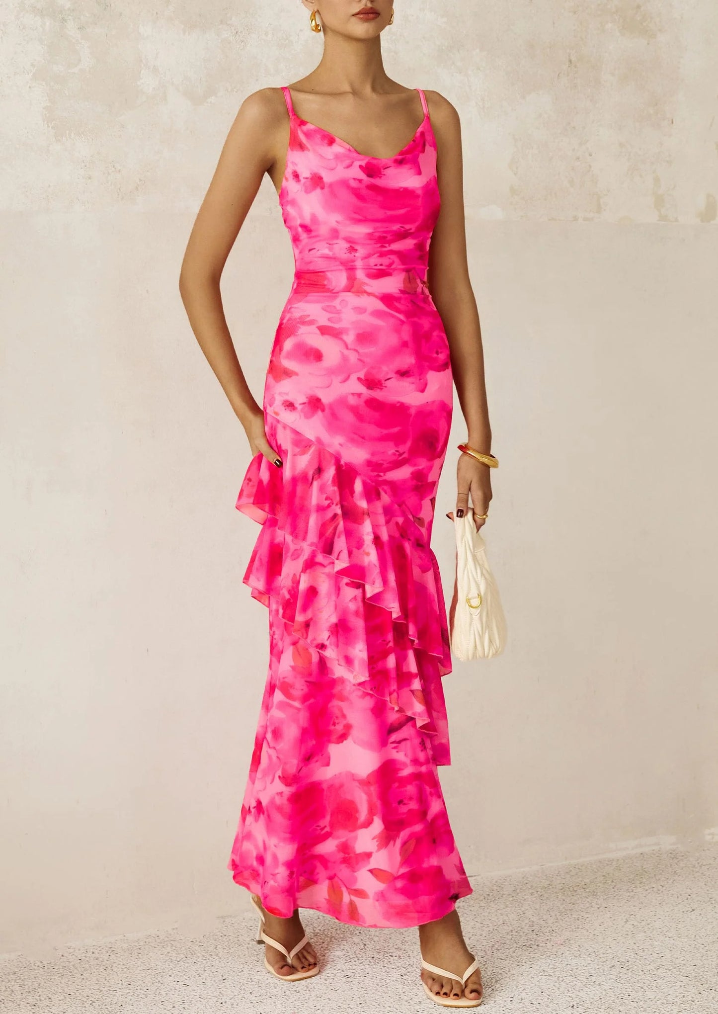 Maxi Dresses for Women Floral Beach Sundress Spaghetti Strap Tiered Wedding Guest Long Dress