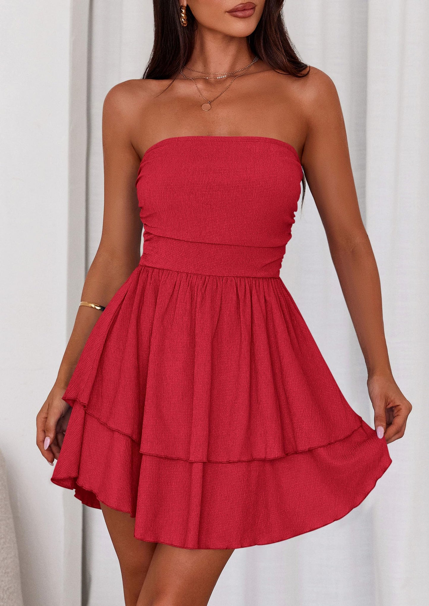 Women's Summer Strapless Tube Mini Dress Off Shoulder Smocked Ruffle A Line Flowy Short Party Club Dresses