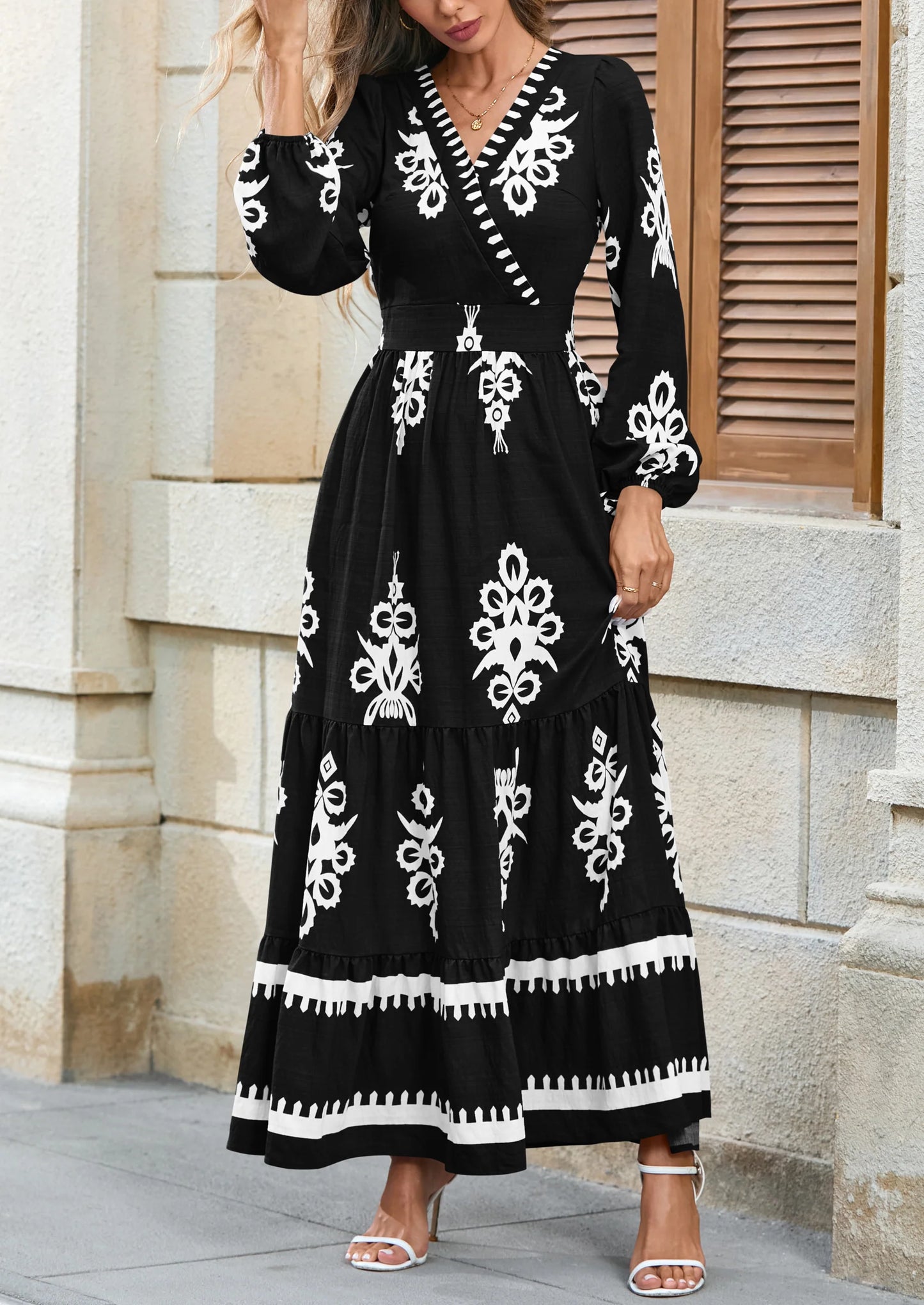 Women's Fall Wedding Guest Dresses Boho Floral Long Sleeve V Neck Flowy Elegant Maxi Dress Beach Clothes