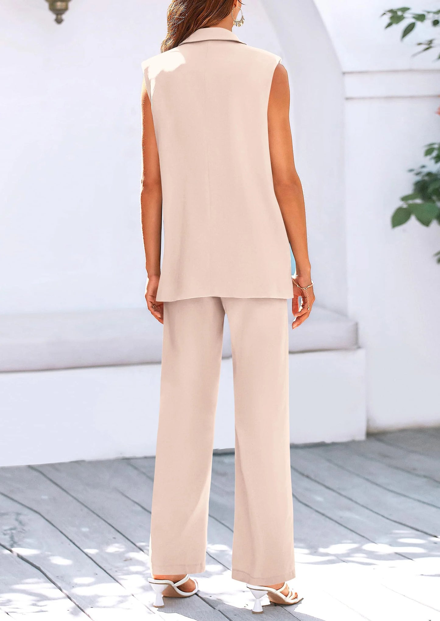 Women's 2 Piece Outfits Sleeveless Suit Vest and Wide Leg Pants Business Casual Blazer Sets