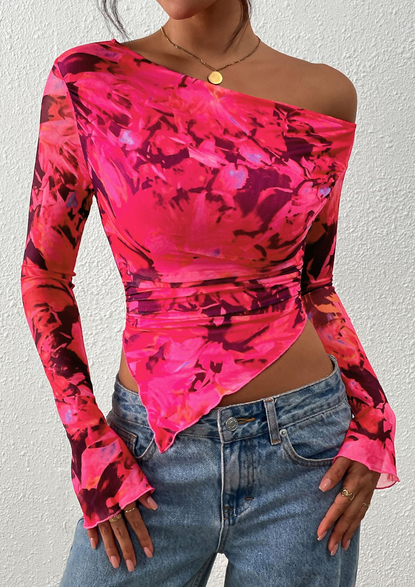 Womens Fall Trendy Off Shoulder Tops Tie Dye Mesh Long Sleeve Shirts Asymmetrical Ruched Floral Blouse