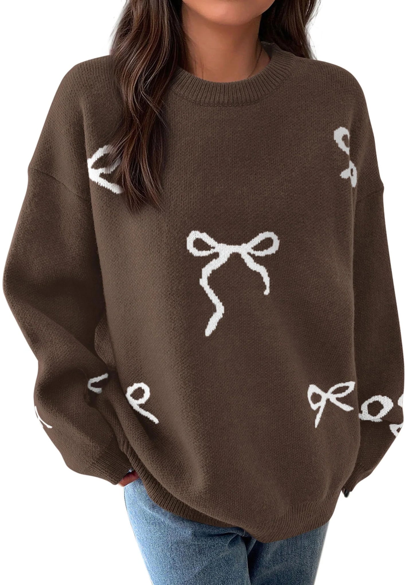 Fall Long Sleeve Pullover Sweaters for Women Trendy Crewneck Casual Cute Bow Chunky Knit Oversized Sweater