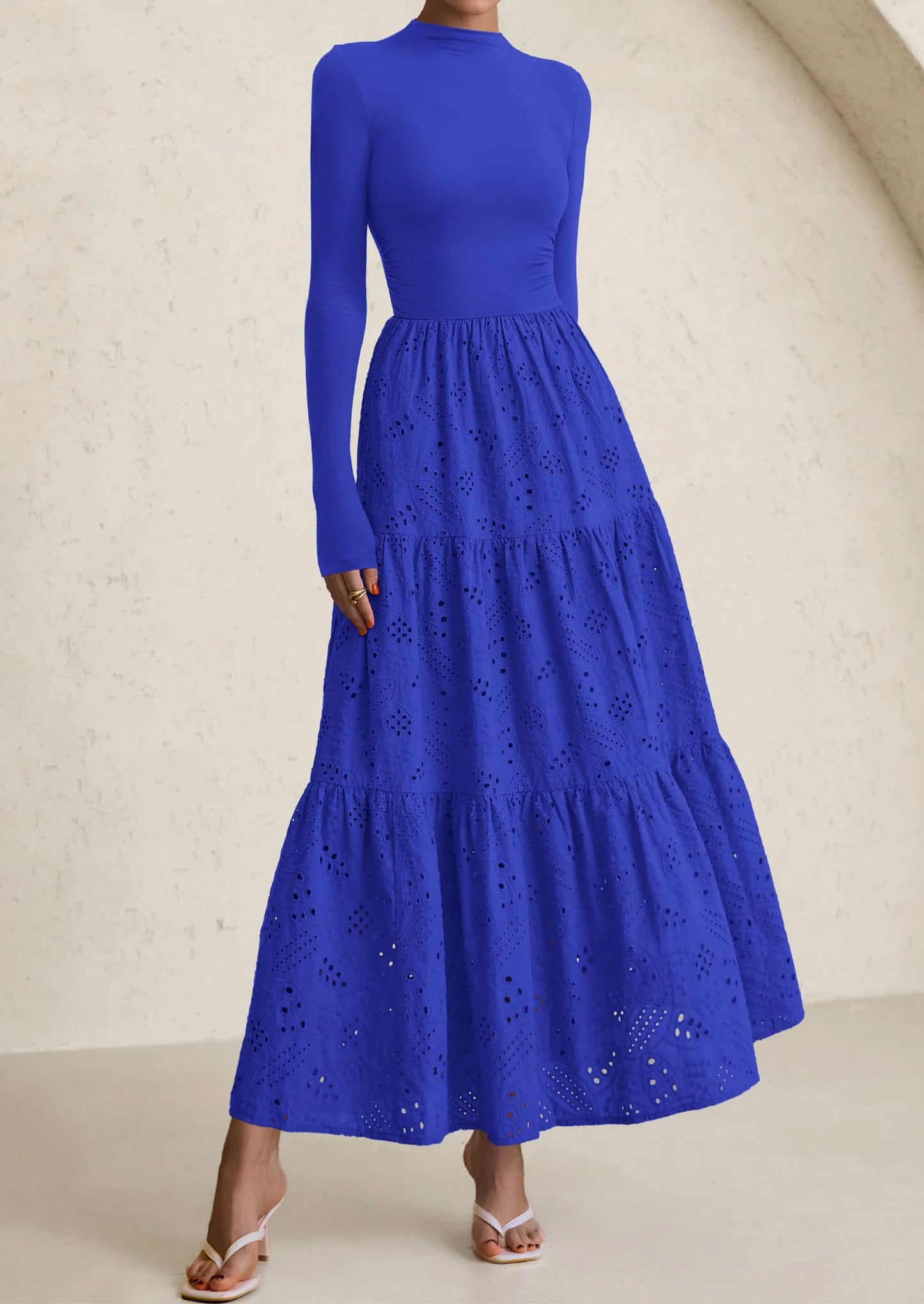 Long Sleeve Dress for Women Fall Eyelet Mock Neck A Line Elegant Classy Maxi Wedding Guest Dresses Pockets