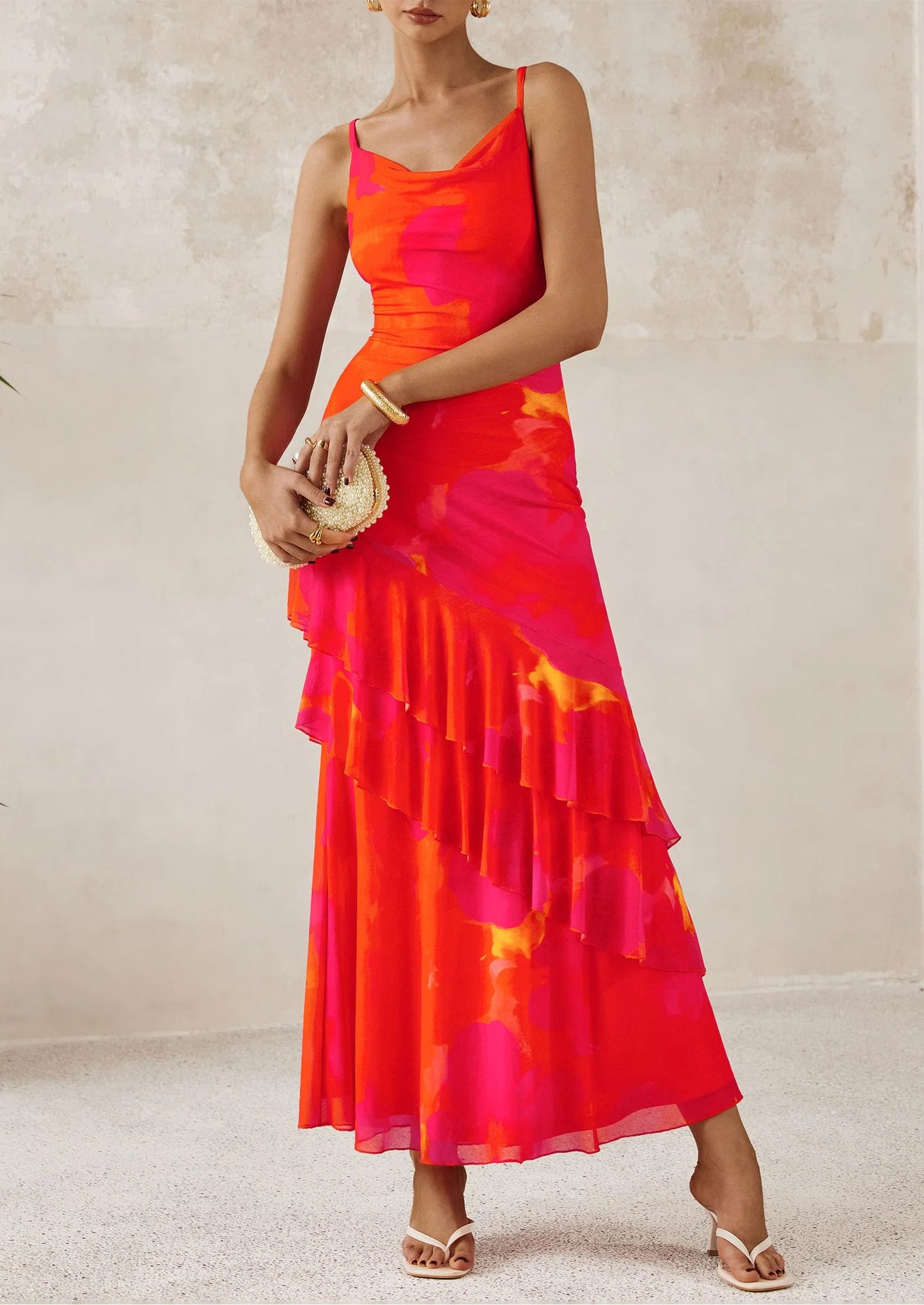 Maxi Dresses for Women Floral Beach Sundress Spaghetti Strap Tiered Wedding Guest Long Dress