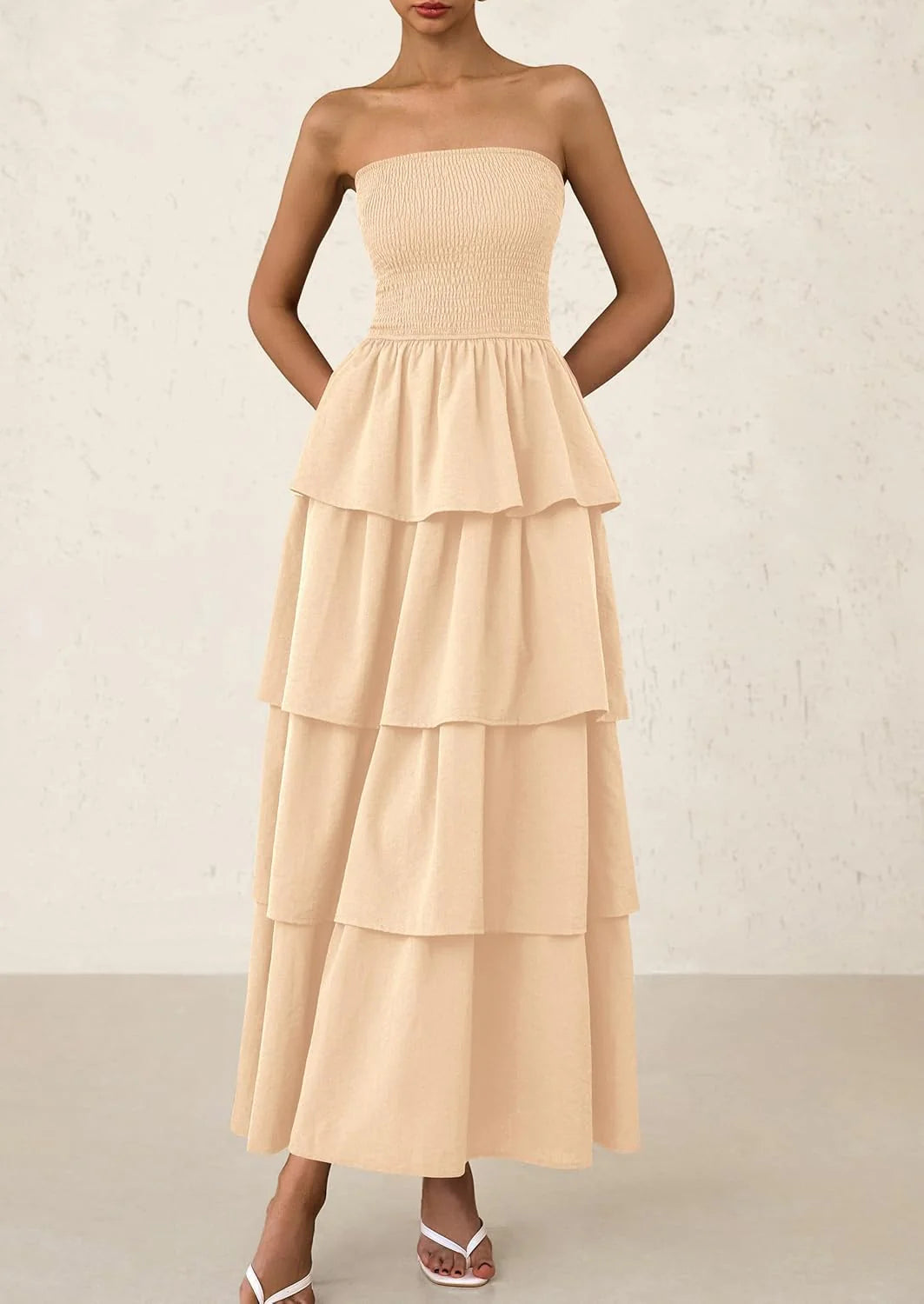 Maxi Dresses for Women Off Shoulder Smocked Tiered Ruffle Long Flowy Wedding Guest Dress