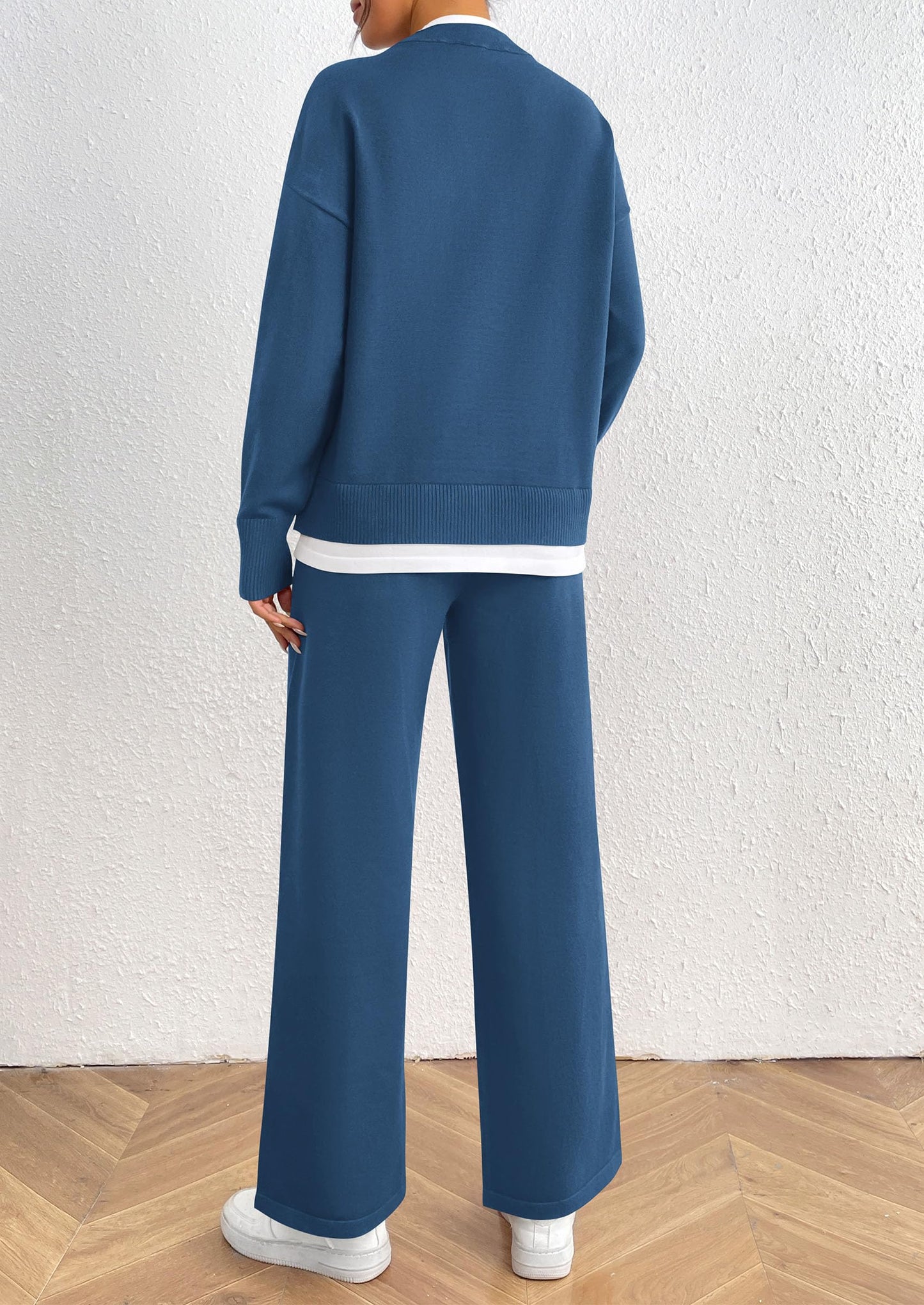 Two Piece Matching Sweater Lounge Sets Knit Long Sleeve Pullover Tops Wide Leg Pants