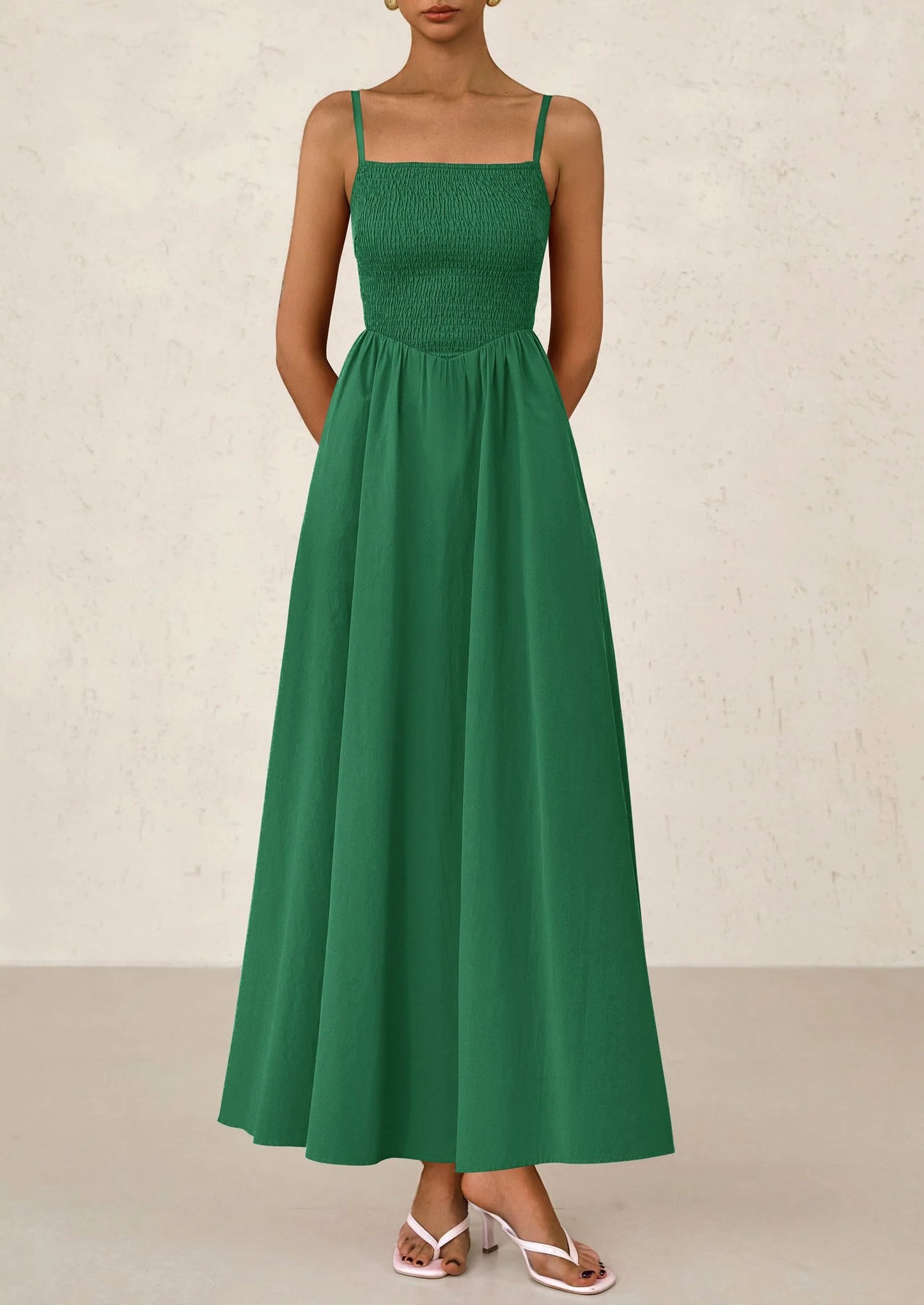 Women's Smocked Maxi Dresses Beach Sundress Casual Spaghetti Strap Swing A Line Long Flowy Dress