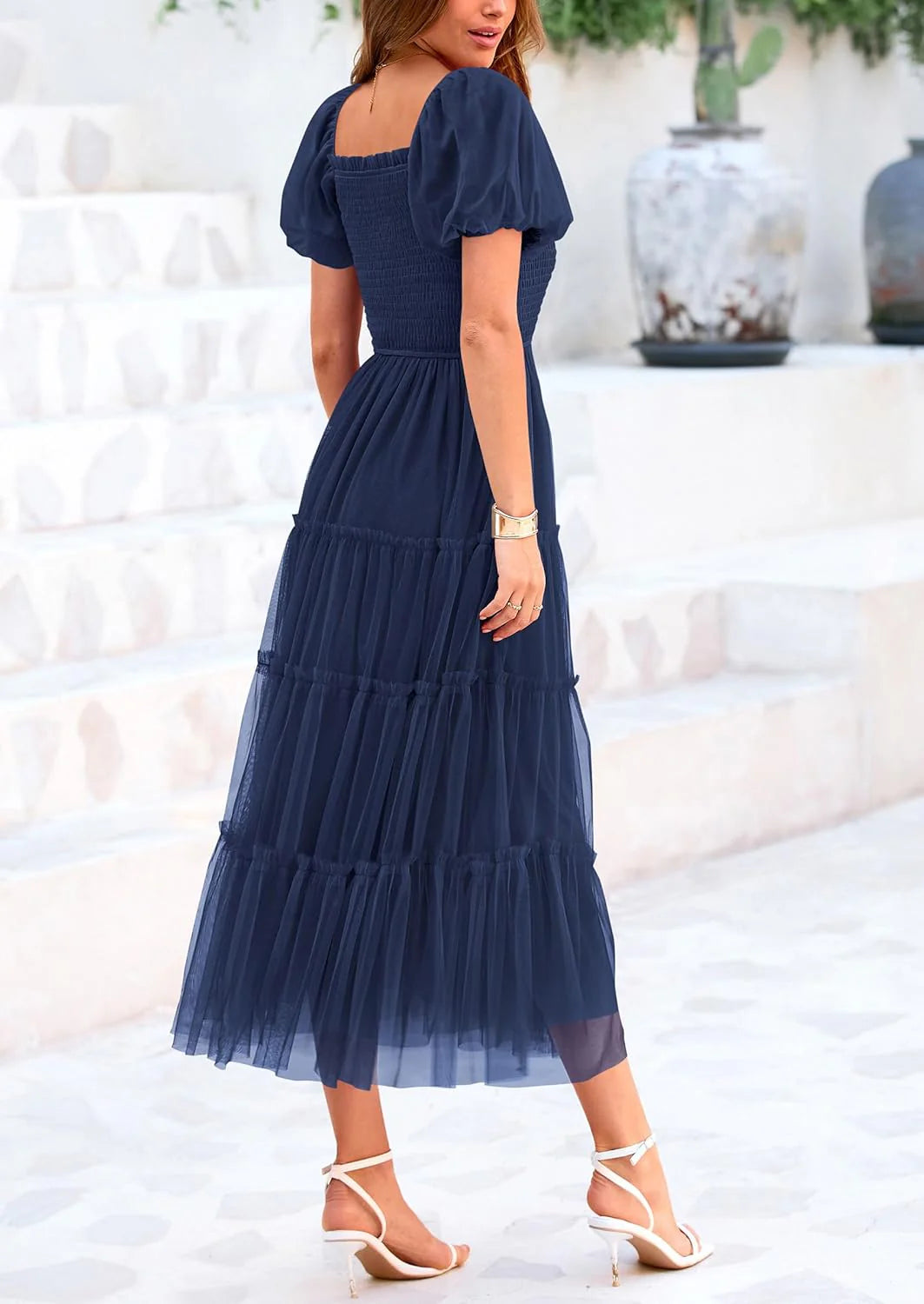 Women's Smocked Tulle Midi Dress Square Neck Puffy Short Sleeve Ruffle Wedding Guest Party Dresses