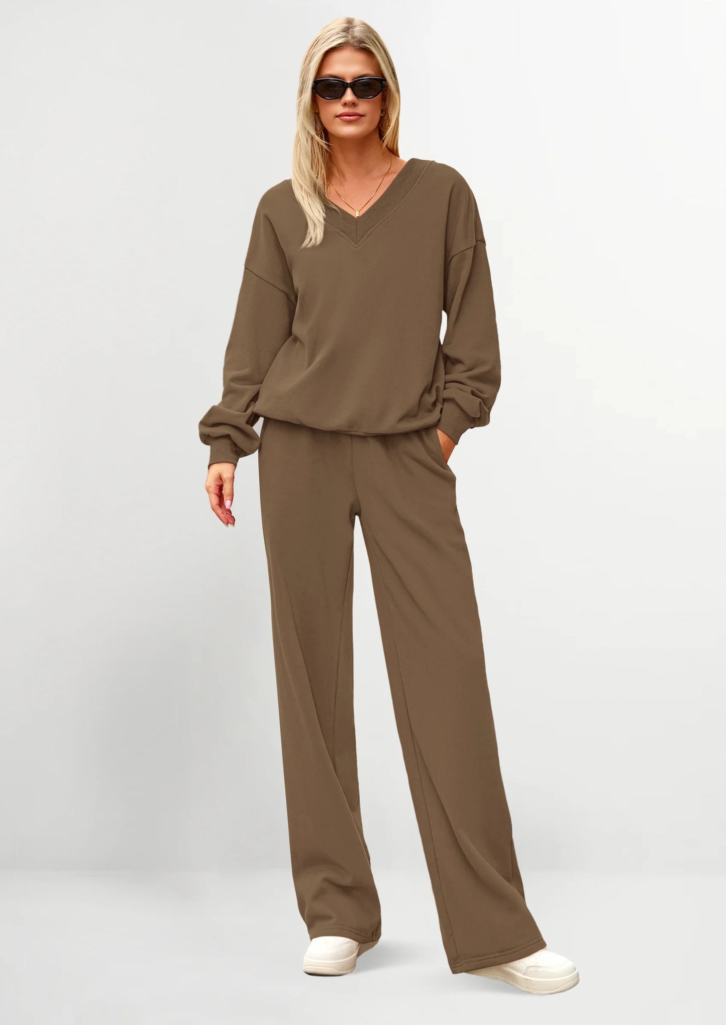 Casual Winter Two Piece Sets for Women V Neck Sweatshirt Loose Wide Leg Pants Tracksuit Knit Fall Outfits