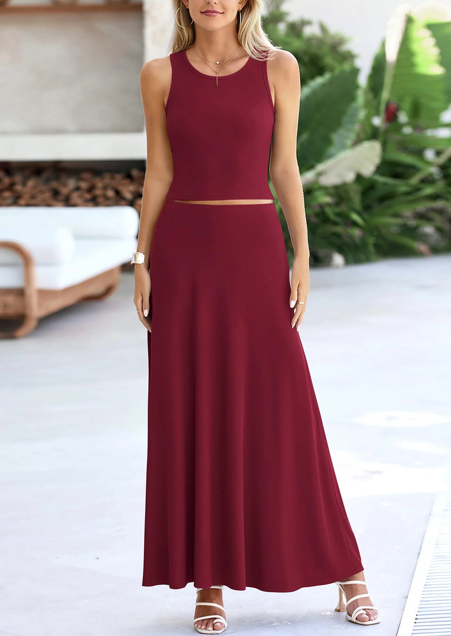 2 Piece Maxi Skirt Sets Casual Knit Cropped Tank Top High Waisted Long Skirts Outfit