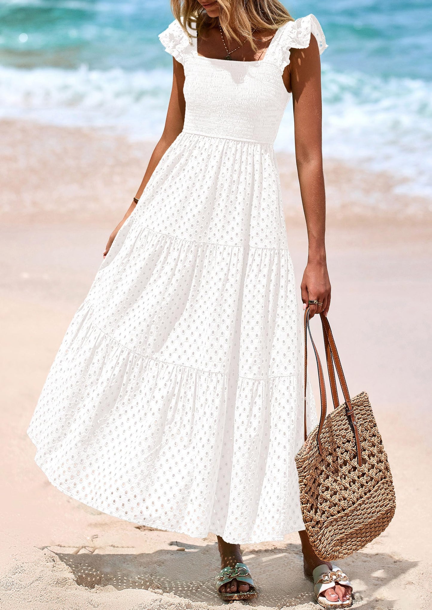 Womens Square Neck Maxi Dresses Cap Sleeve Eyelet Smocked Tiered A Line Flowy Long Dress with Pockets