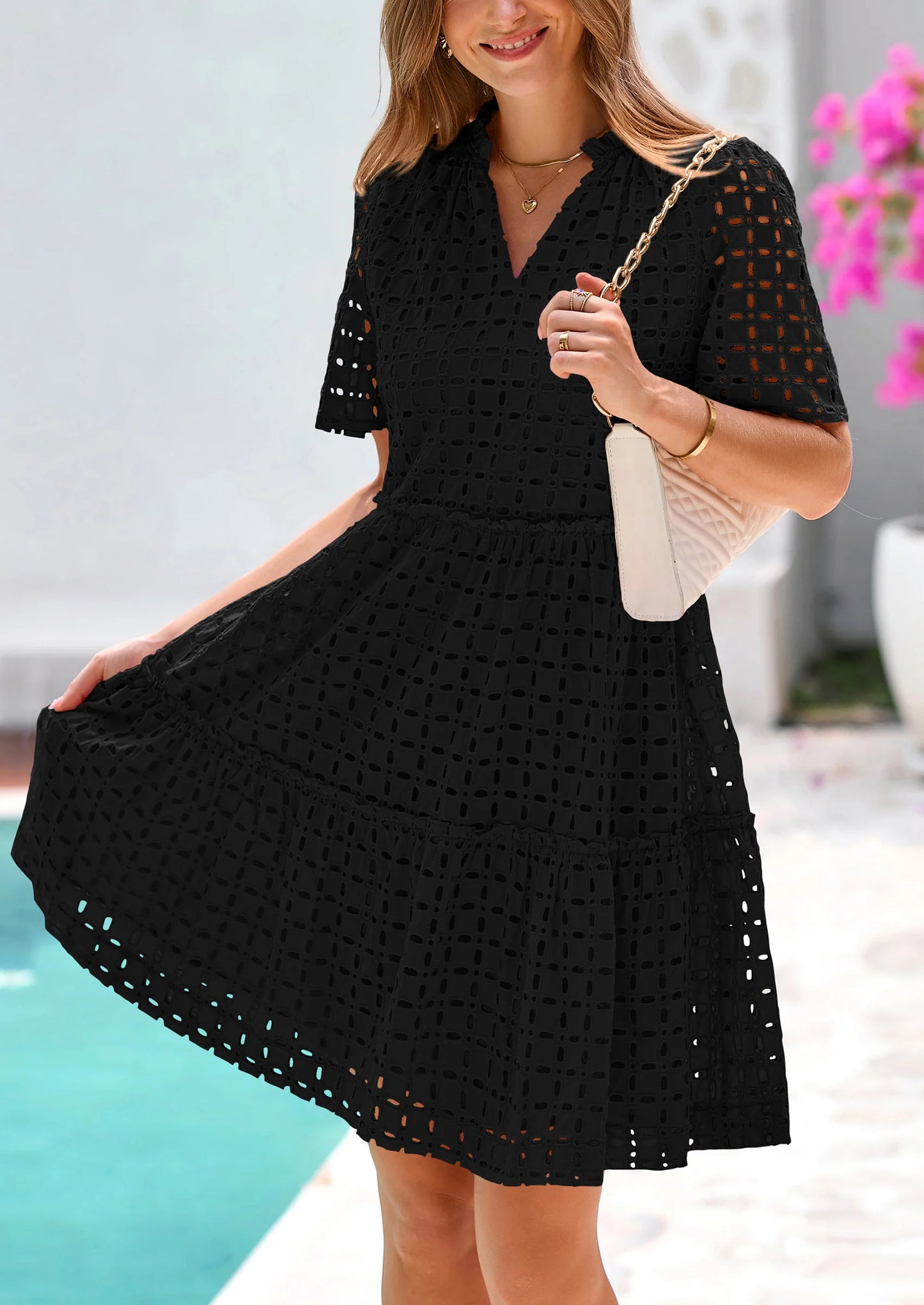 Women's Short Sleeve Mini Dress Summer V Neck Hollow Out Eyelet Ruffle A Line Swing Short Dresses