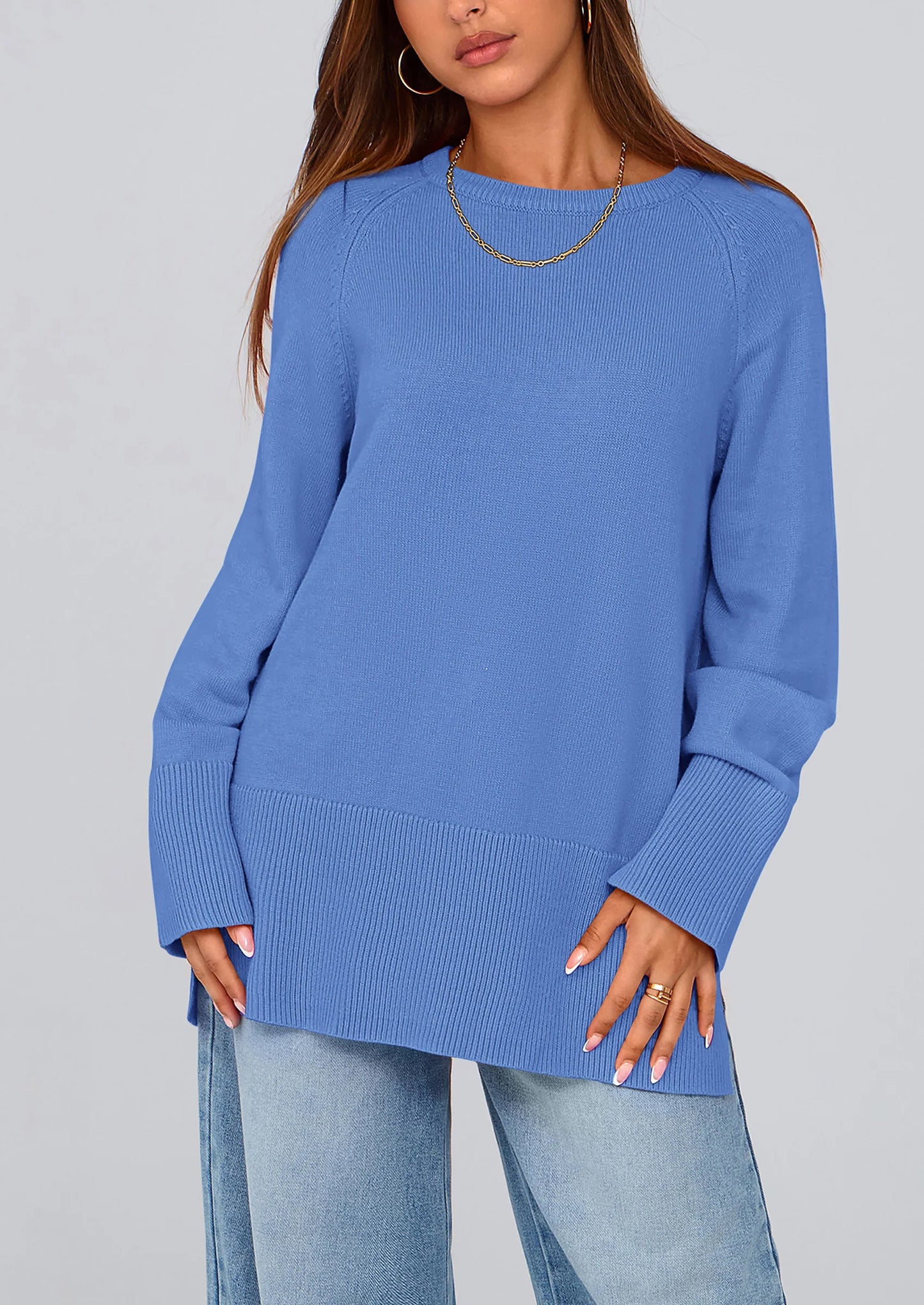 Women's Knit Fall Sweaters Long Sleeve Pullover Crewneck Split Hem Oversized Tunic Sweater Tops Winter Clothing
