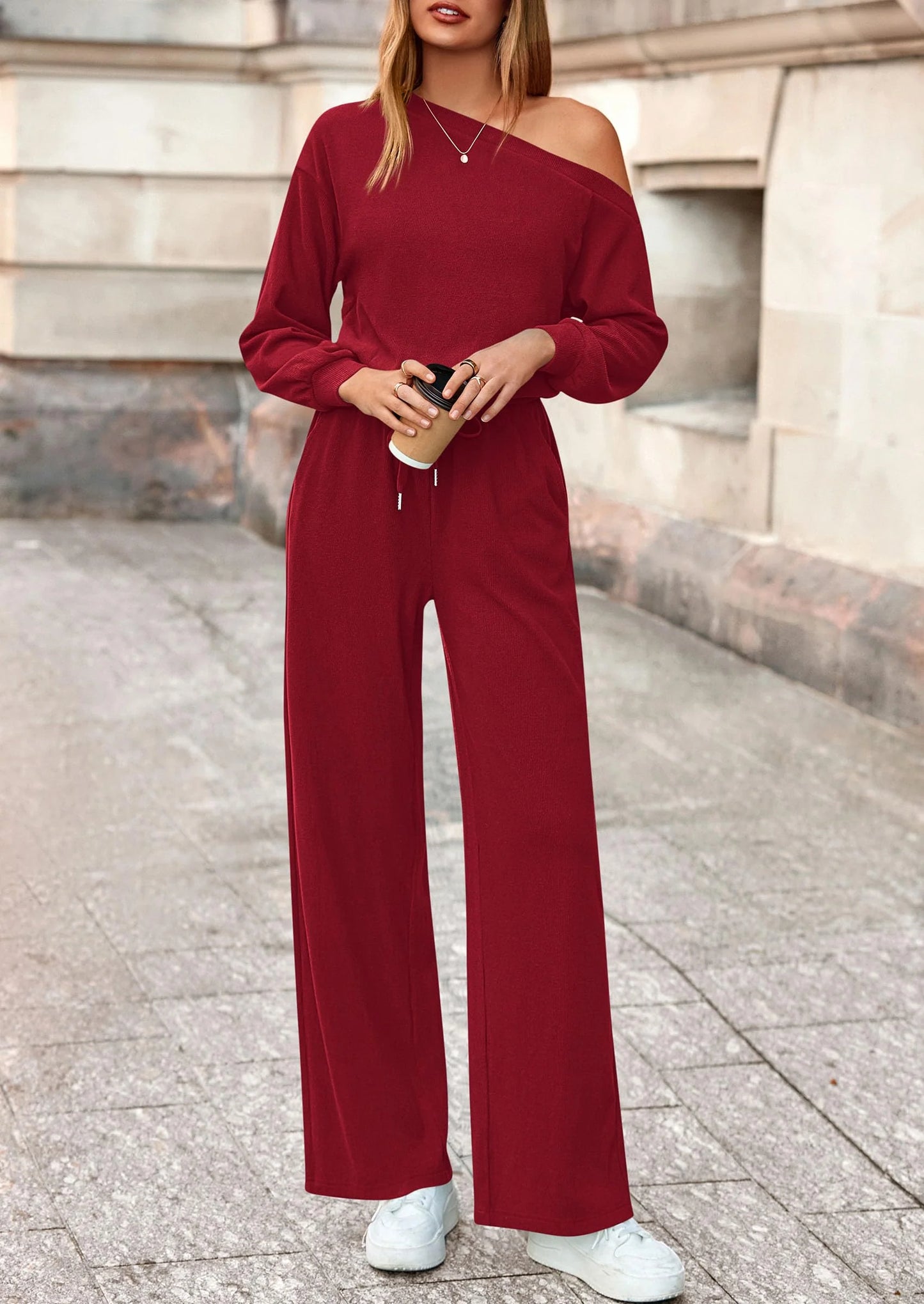 Long Sleeve Jumpsuit For Women Dressy Off Shoulder One Piece Loose Wide Leg Jumpsuits Casual Flowy Romper