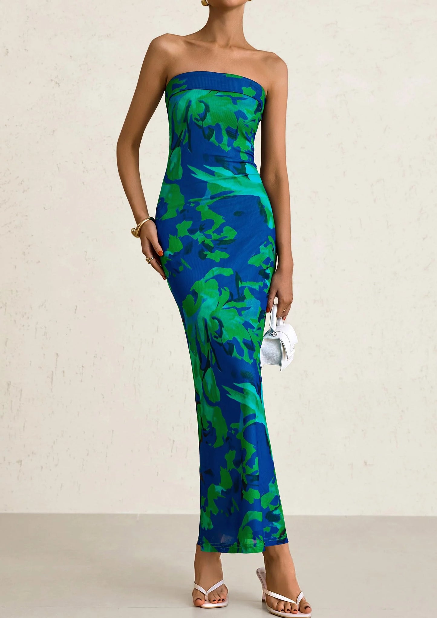 Womens Printed Tube Maxi Dress Strapless Bodycon Sleeveless Night Out Long Dresses