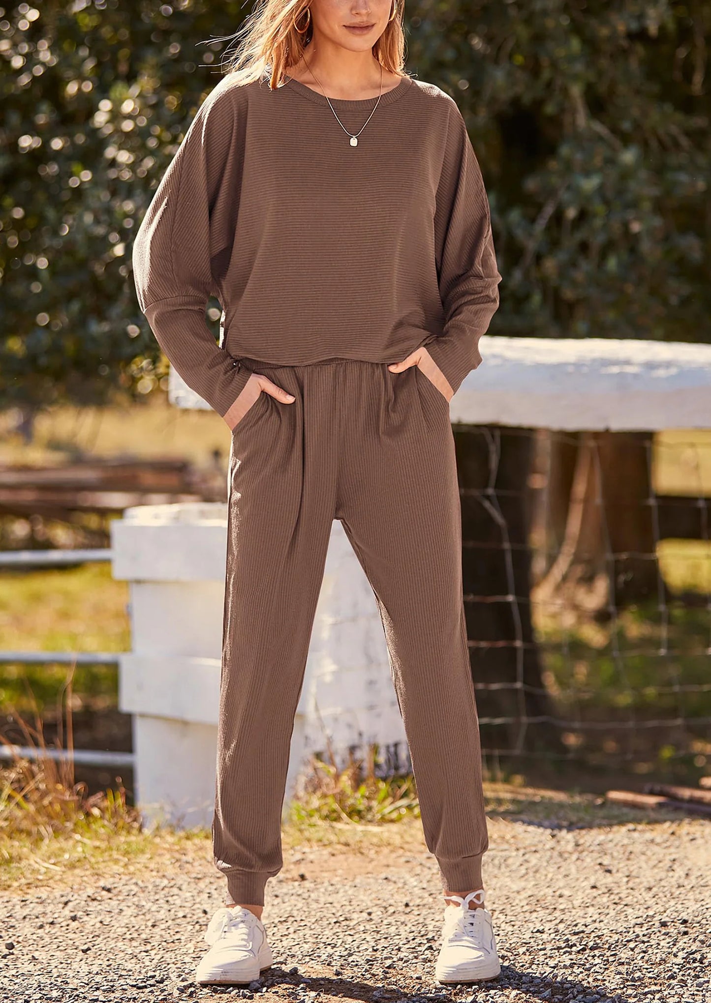 Women's Fall 2 Piece Lounge Set Long Sleeve Tops Ribbed Pants Spring Matching Sweatsuit Travel Outfits Clothes