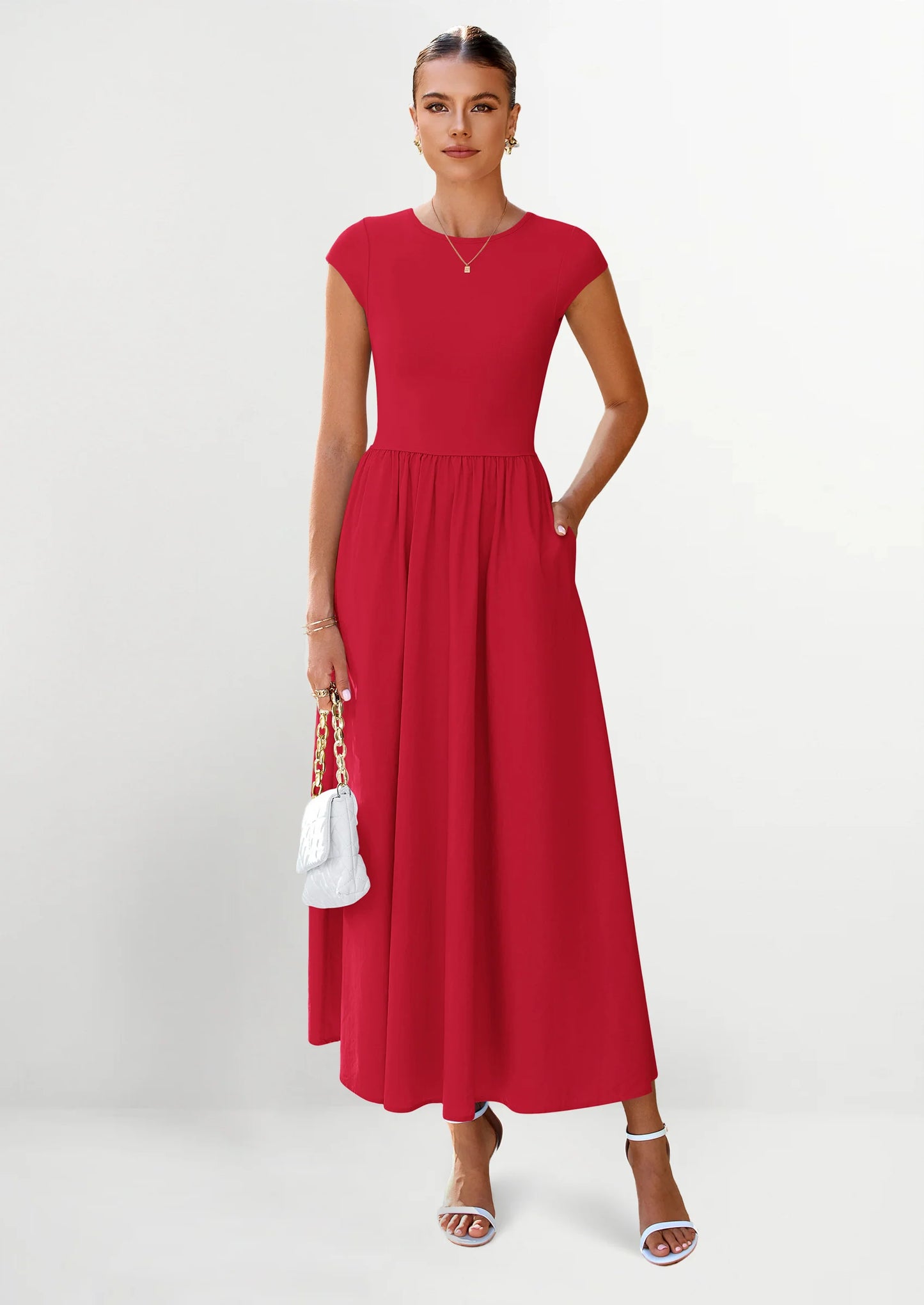 Women's Casual Long Dresses Cap Sleeve Patchwork A Line Flowy Modest Elegant Homecoming Maxi Dress
