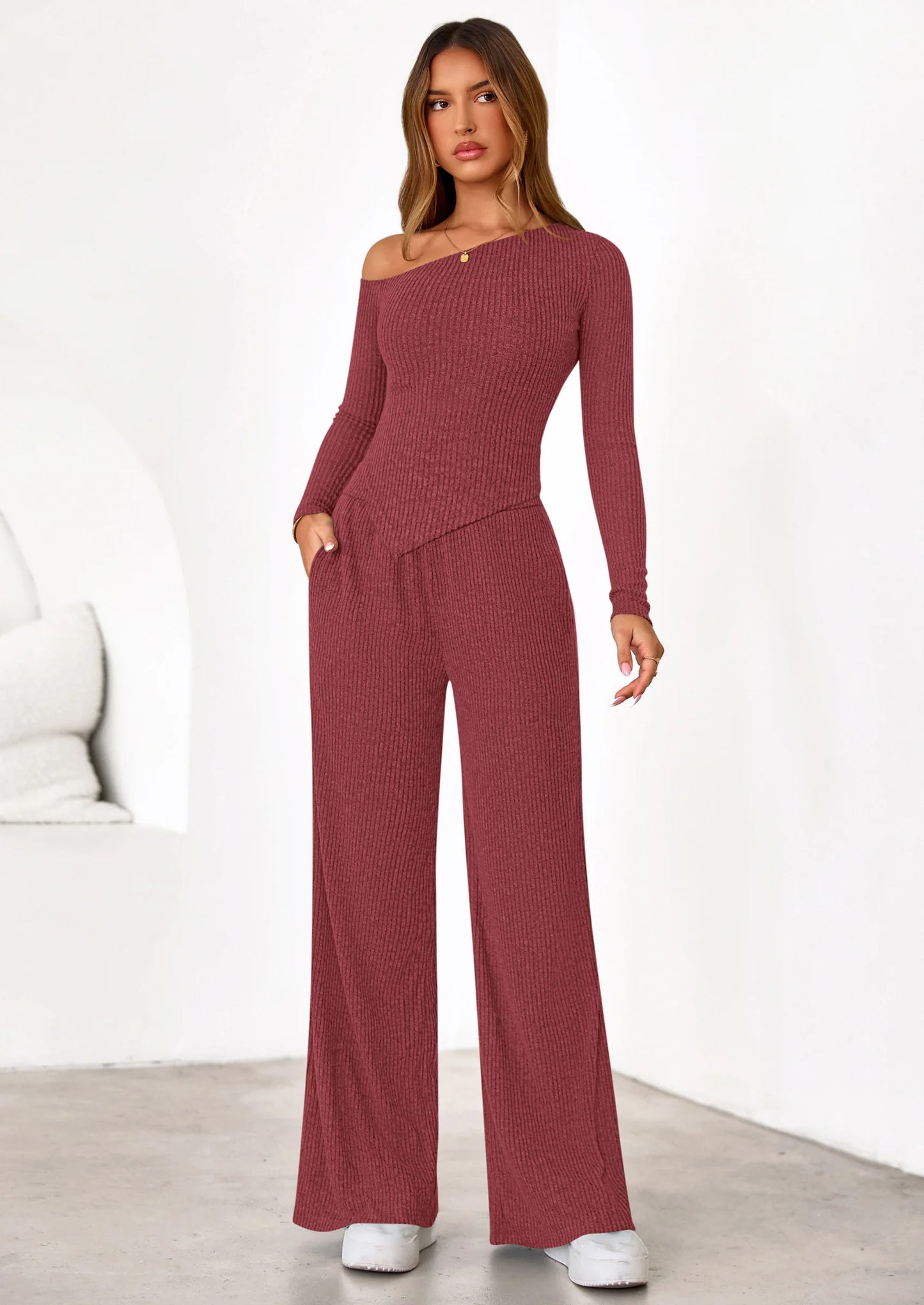 Casual Two Piece Sets for Women Fall Outfits Asymmetrical Off Shoulder Tops Wide Leg Pants Knit Lounge Set