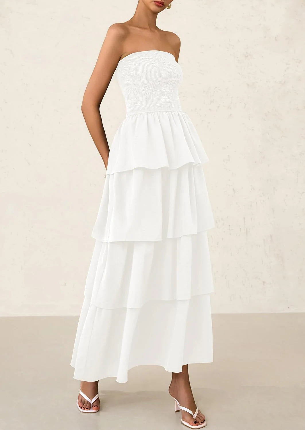 Maxi Dresses for Women Off Shoulder Smocked Tiered Ruffle Long Flowy Wedding Guest Dress