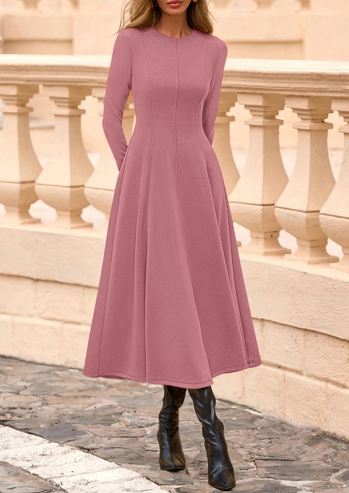 Women's Fall Long Sleeve Midi Dress Casual Elegant Ruffle Flowy A Line Swing Cocktail Party Dresses