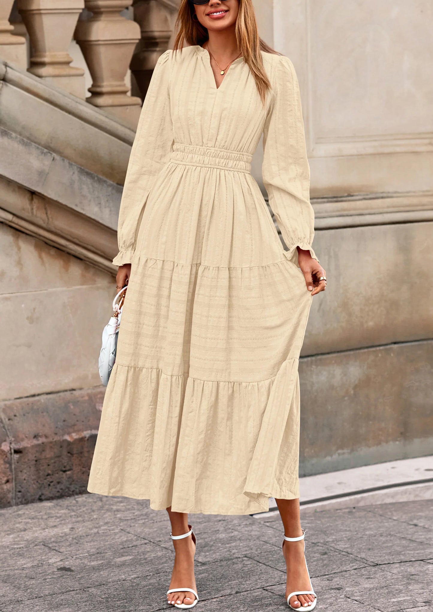 Women's Fall Wedding Guest Dresses Long Sleeve V Neck Flowy Elegant Holiday Party Maxi Dress with Pockets