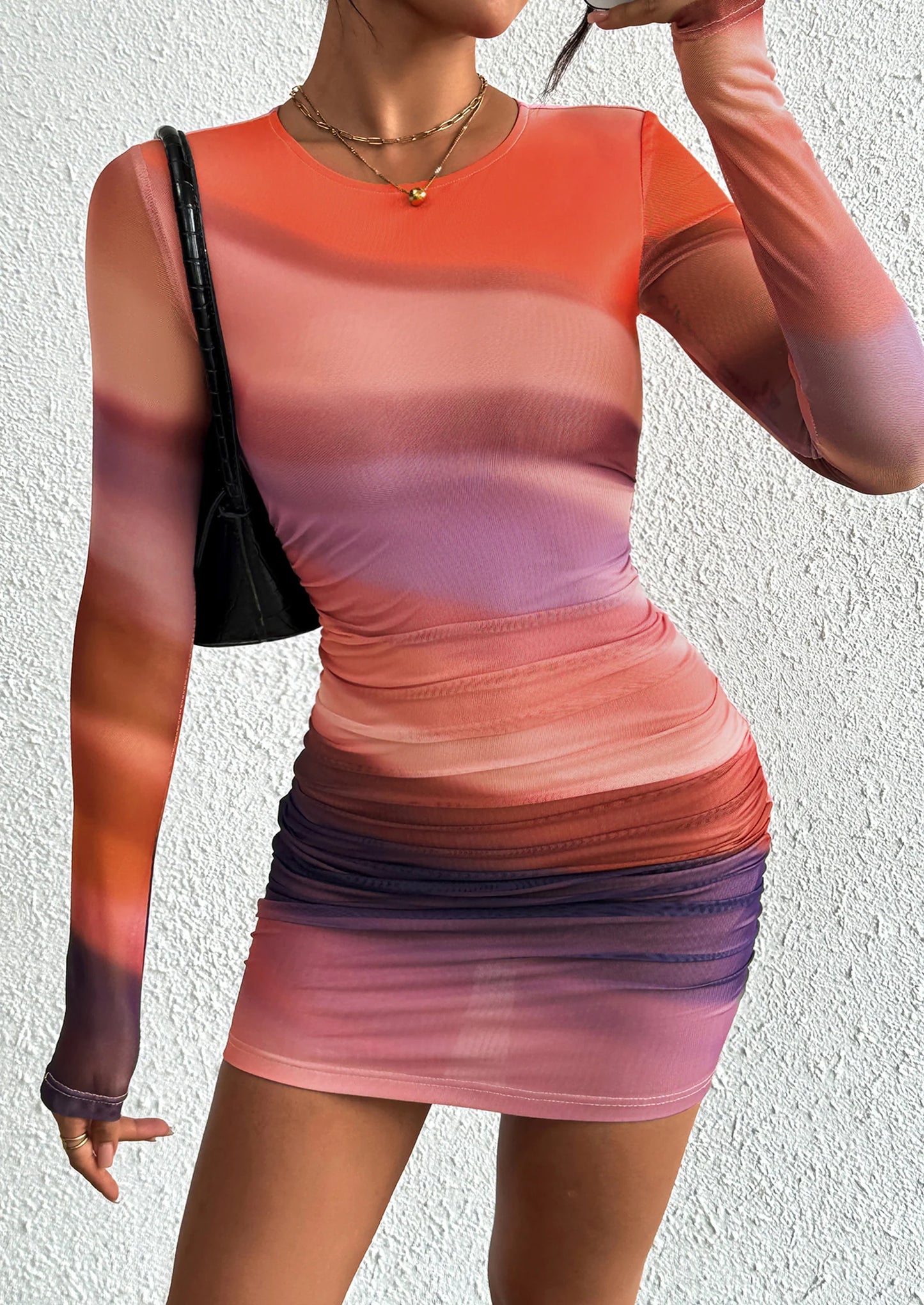 Women's Mini Dress Fall Trendy Tie Dye Print Long Sleeve Club Party Homecoming Casual Bodycon Dresses