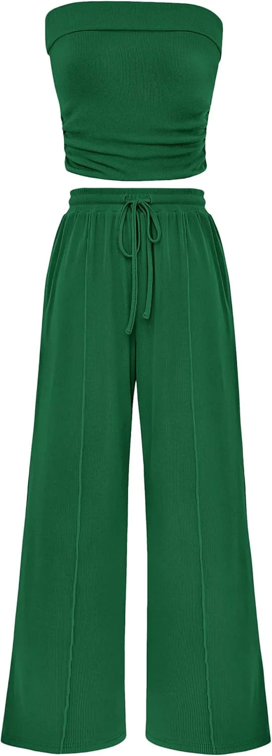 2 Piece Sets Casual Ribbed Knit Crop Tube Top Wide Leg Pants Lounge Set