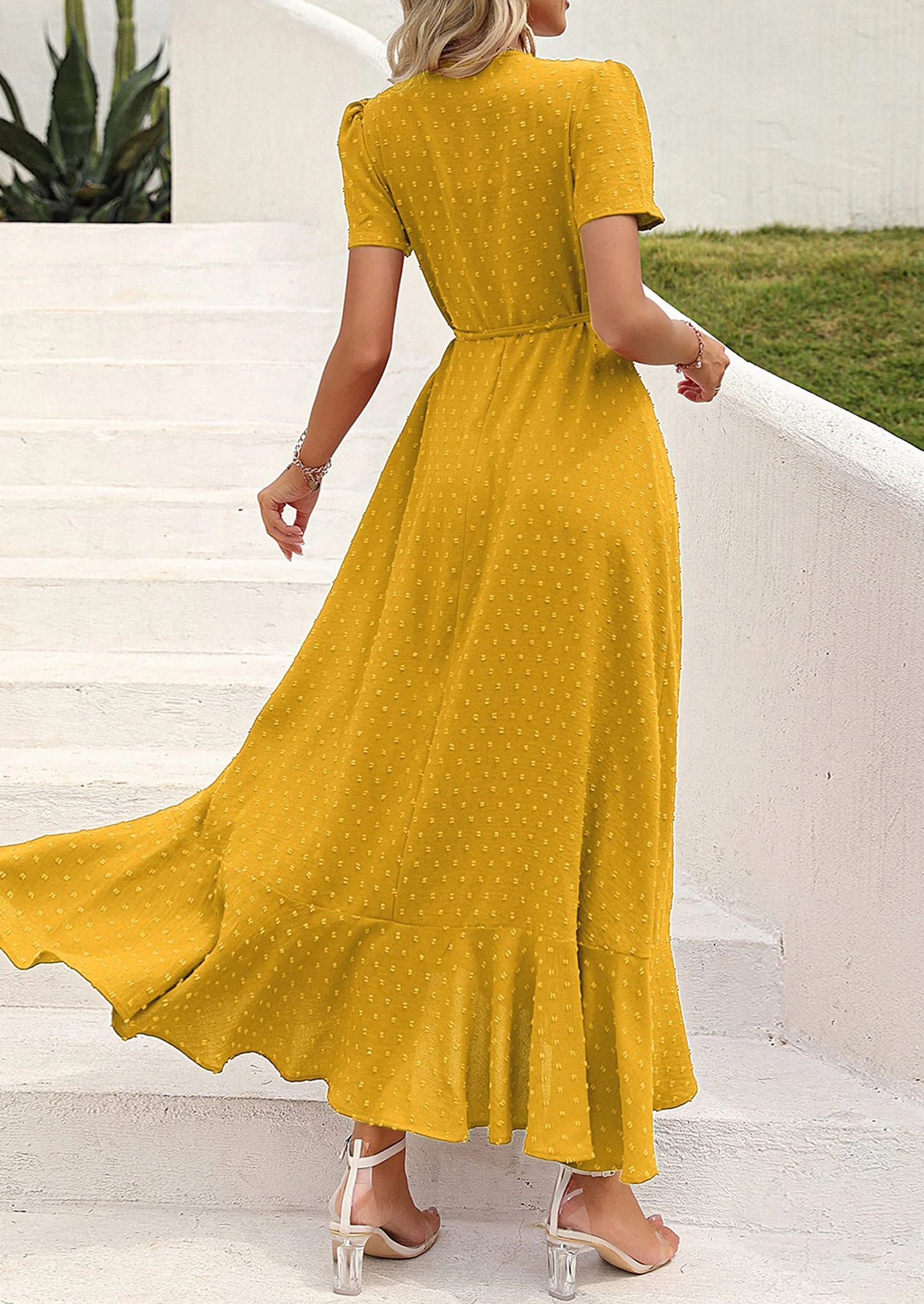 Women's Summer Maxi Dress Casual Wrap Floral Boho Short Sleeve V Neck Split Ruffle Beach Long Dresses