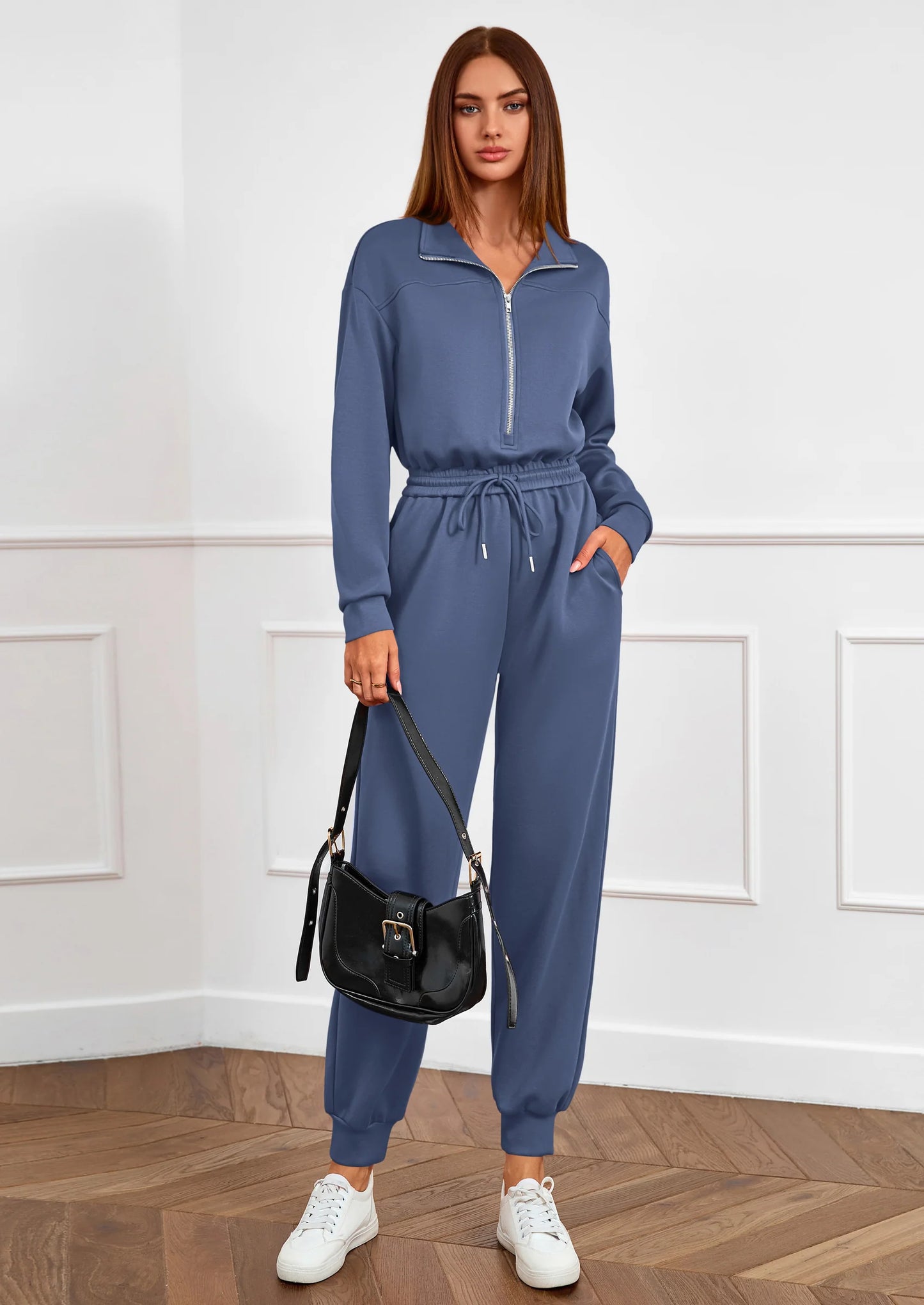 Long Sleeve Jumpsuits for Women Casual  Fall Fashion Zip Up Pant Rompers One Piece Sweatsuits Travel Outfits