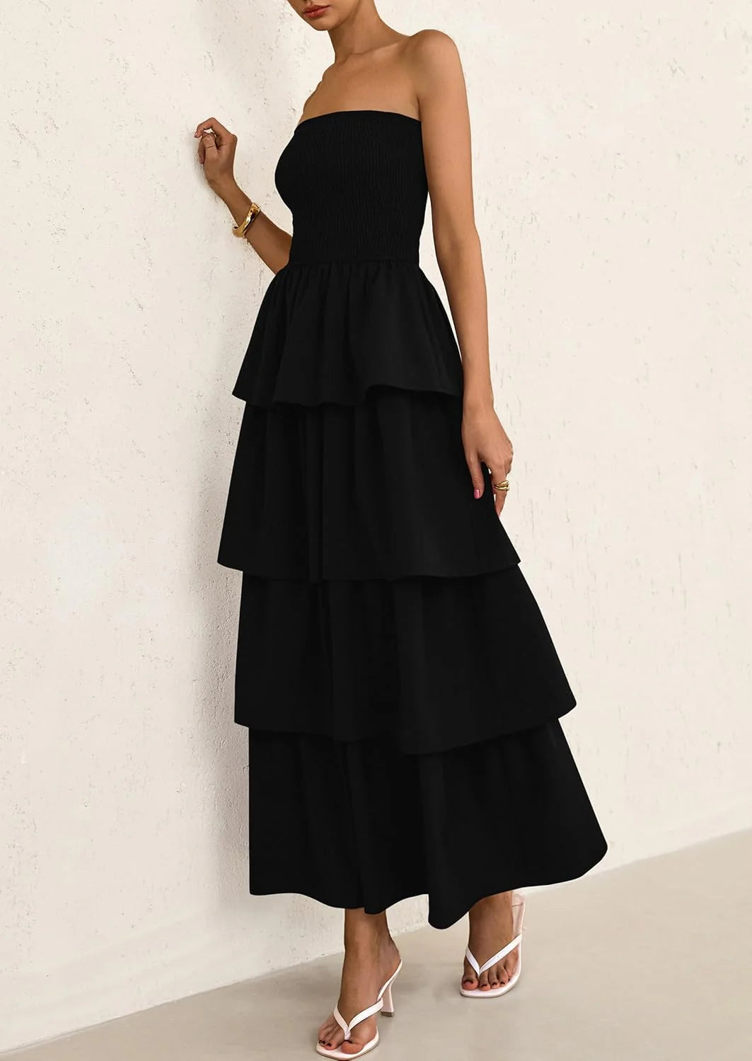 Maxi Dresses for Women Off Shoulder Smocked Tiered Ruffle Long Flowy Wedding Guest Dress
