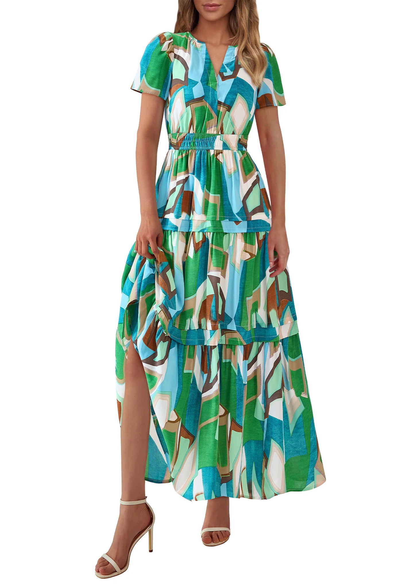 Women's Boho Maxi Dresses Floral Short Sleeve V Neck A Line Tiered Flowy Long Beach Vacation Dress