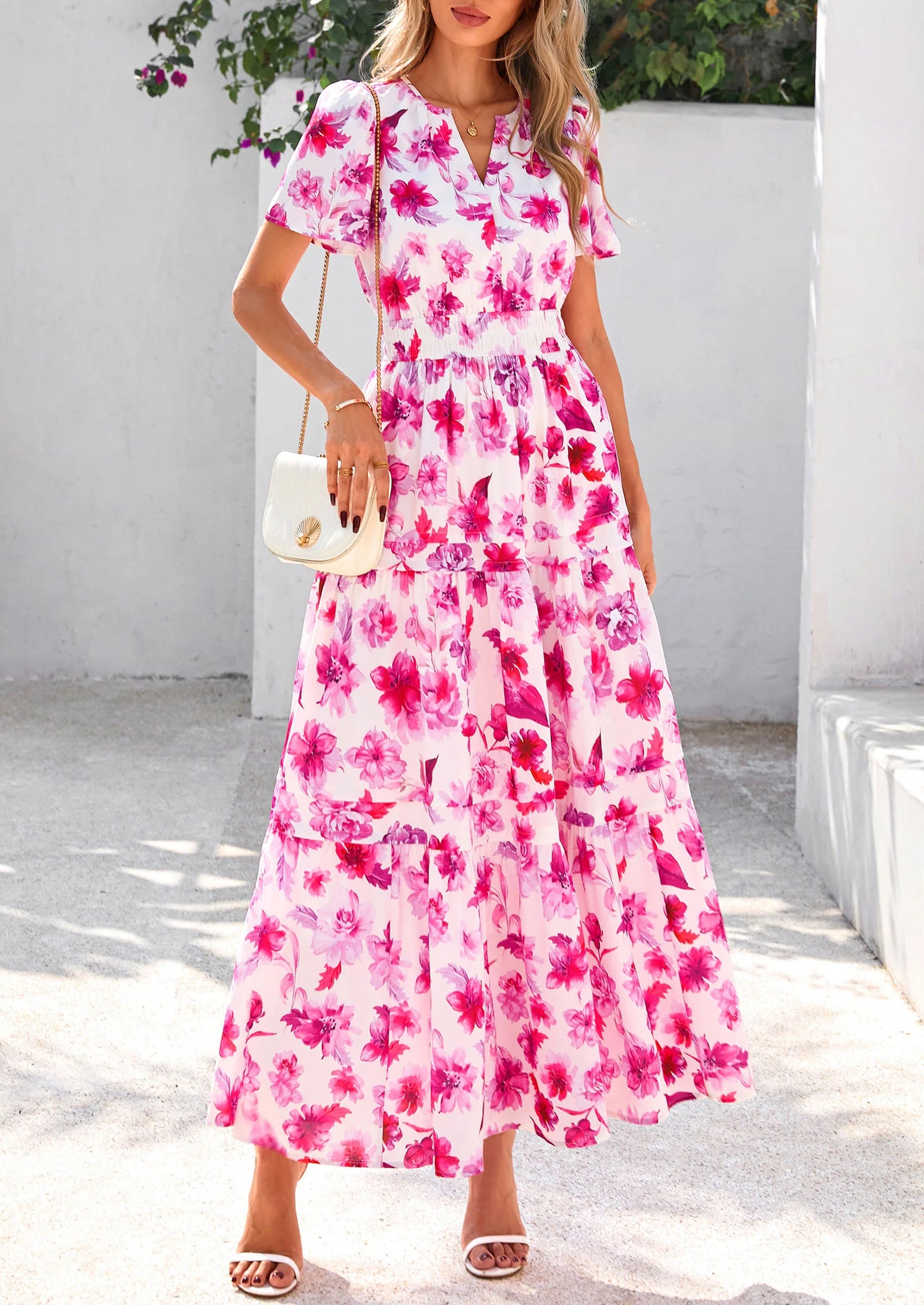 Women's Boho Maxi Dresses Floral Short Sleeve V Neck A Line Tiered Flowy Long Beach Vacation Dress