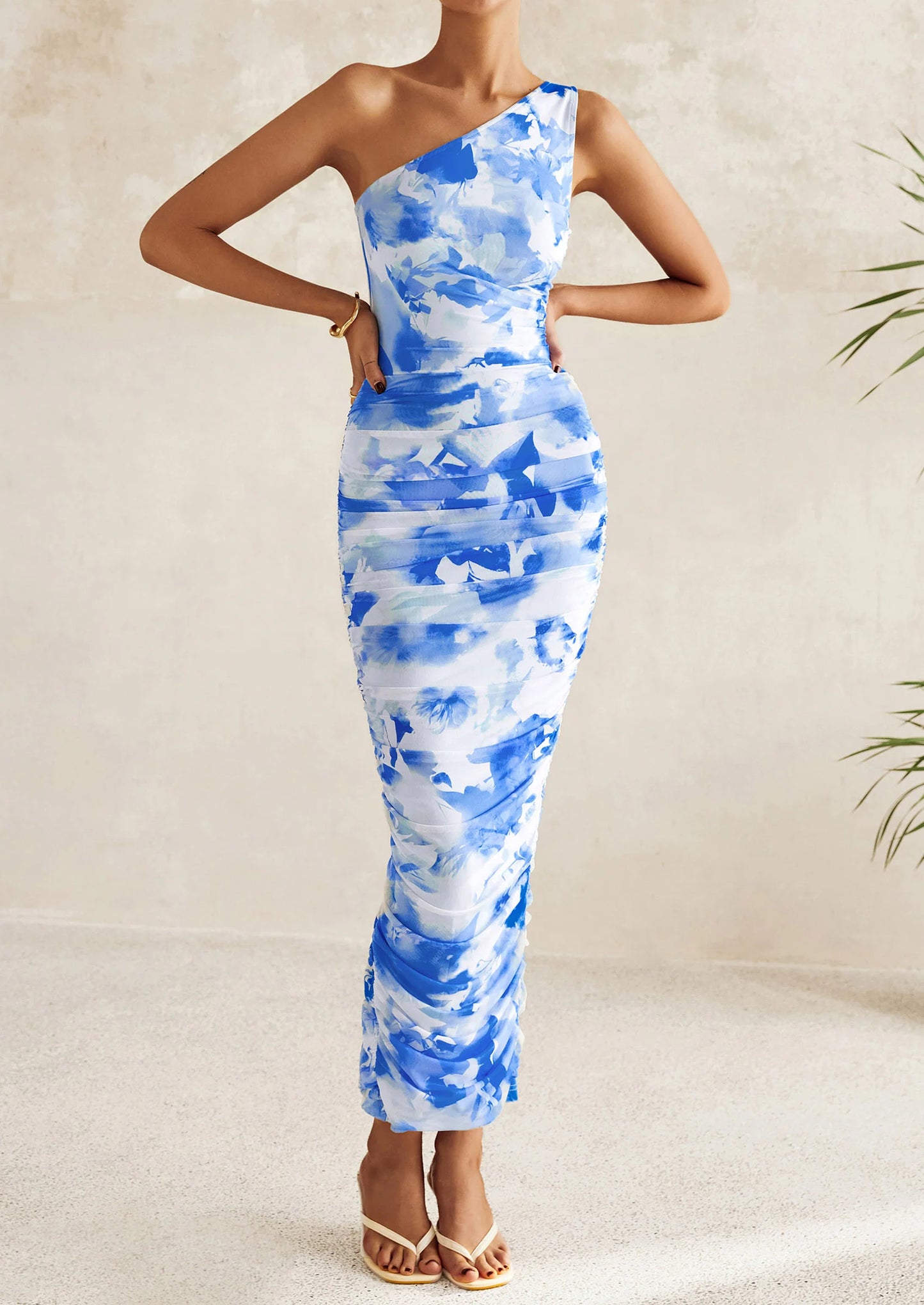 Women's One Shoulder Bodycon Dresses Ruched Floral Beach Cocktail Wedding Guest Dress