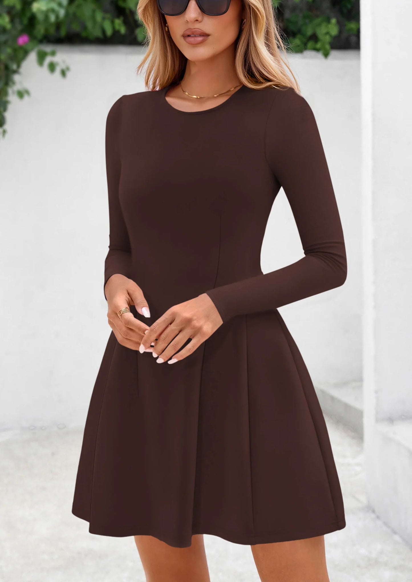 Long Sleeve Mini Dress for Women Fall Crewneck Knit Pleated Babydoll A Line Soft Casual Short Party Dresses
