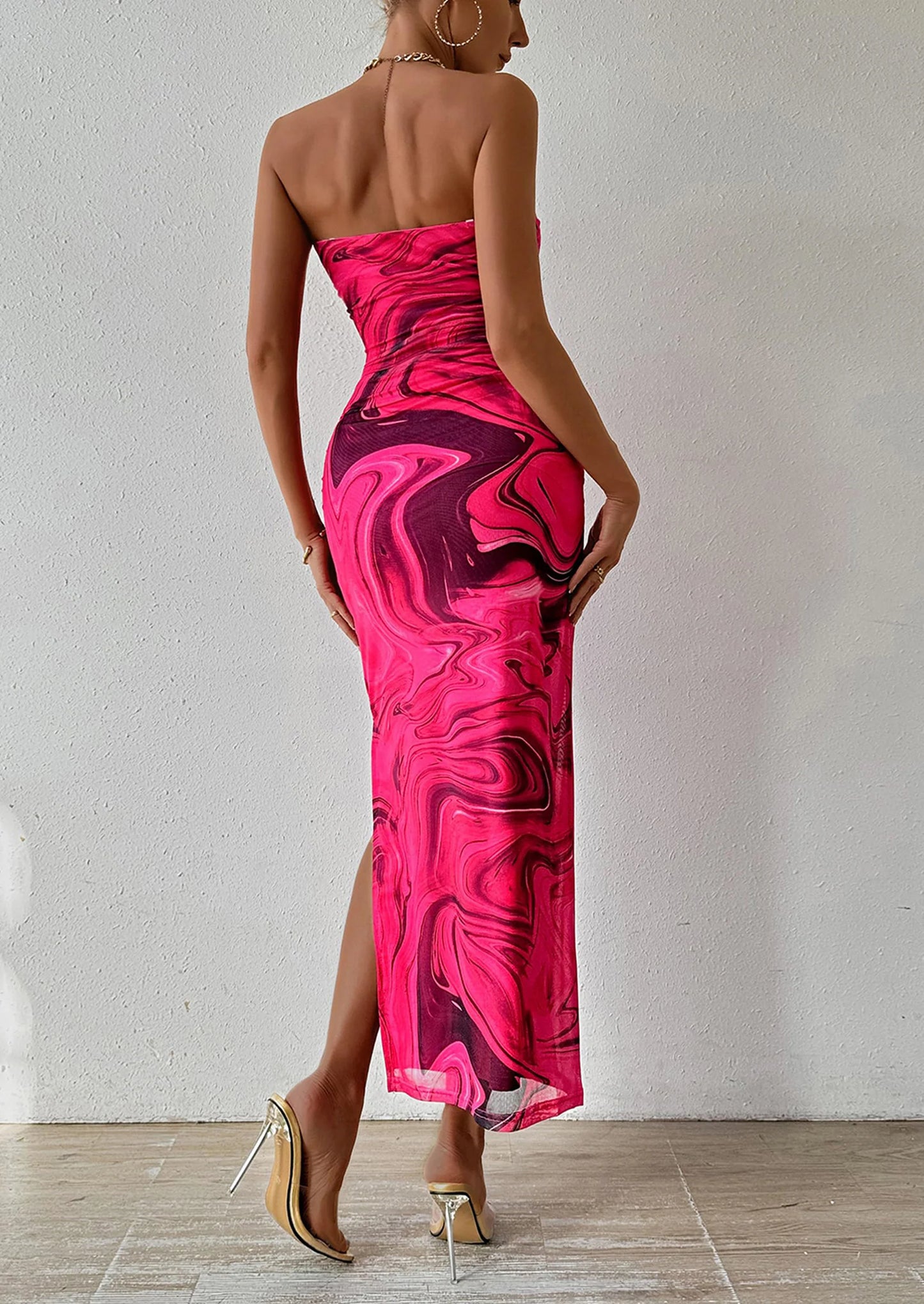 Women's Maxi Bodycon Dresses Strapless Tube Top Slit Floral Printed Party Club Long Dress