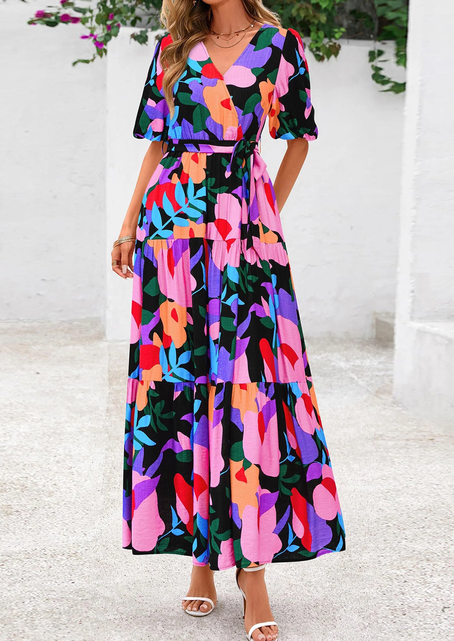 Women's Maxi Dress Resort Wear Boho Floral V Neck Puff Short Sleeve Ruffle Flowy Beach Long Dresses
