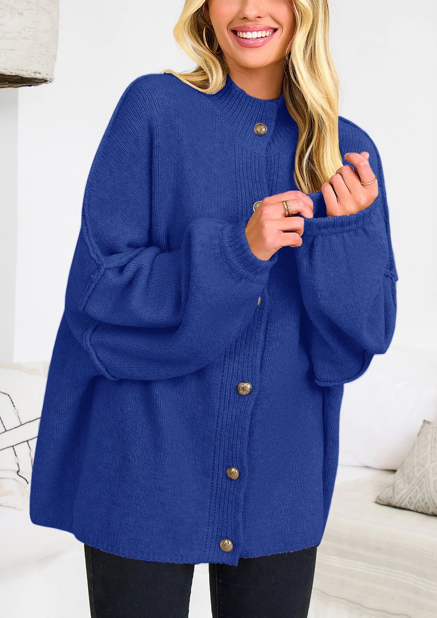 Women's Winter Button Down Cardigan Sweaters Mock Neck Lantern Long Sleeve Chunky Knit Jacket Trendy Outerwear