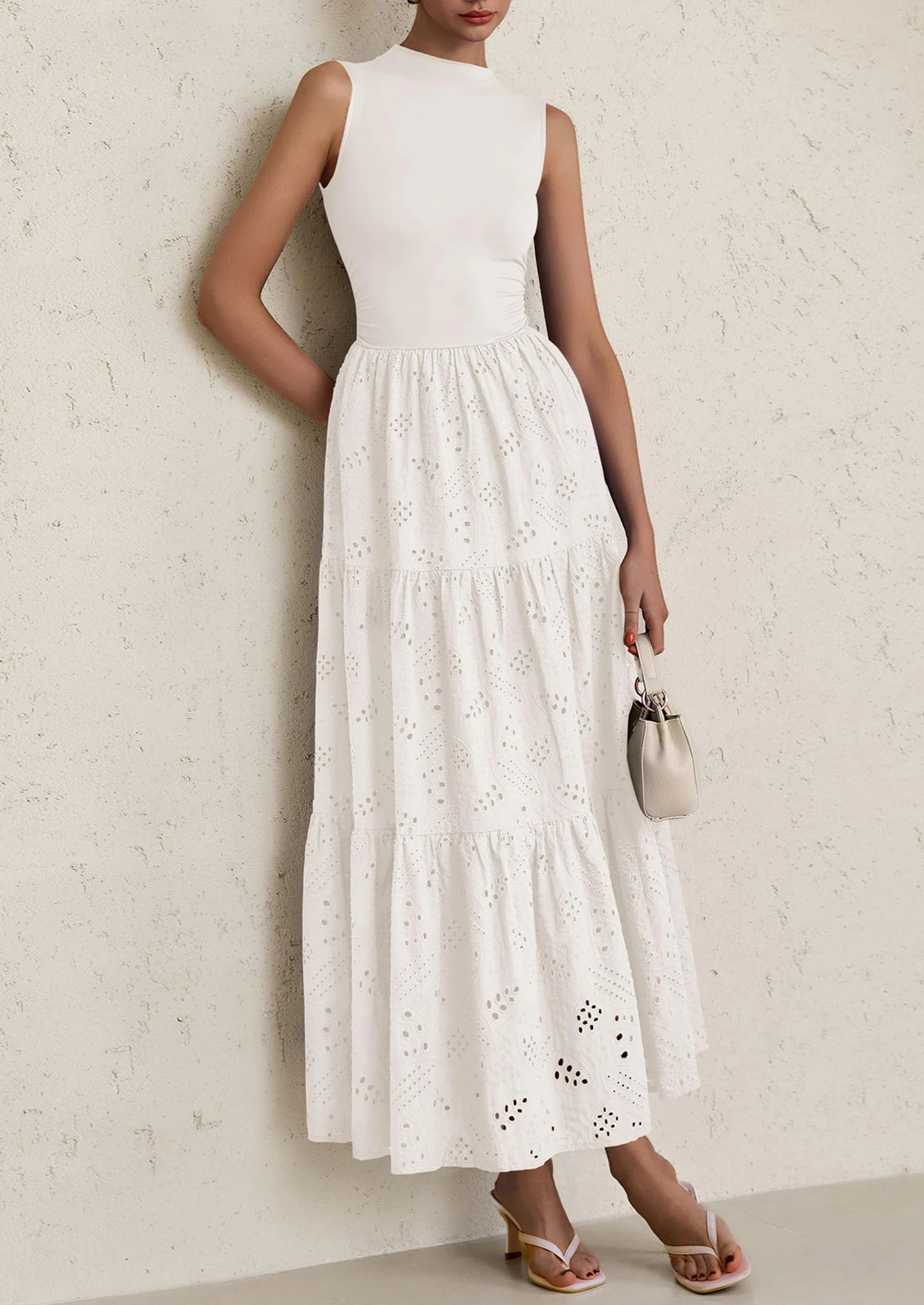 Dresses for Women Casual Eyelet Sleeveless Wedding Guest Maxi Dress Tank Top Sundress with Pockets