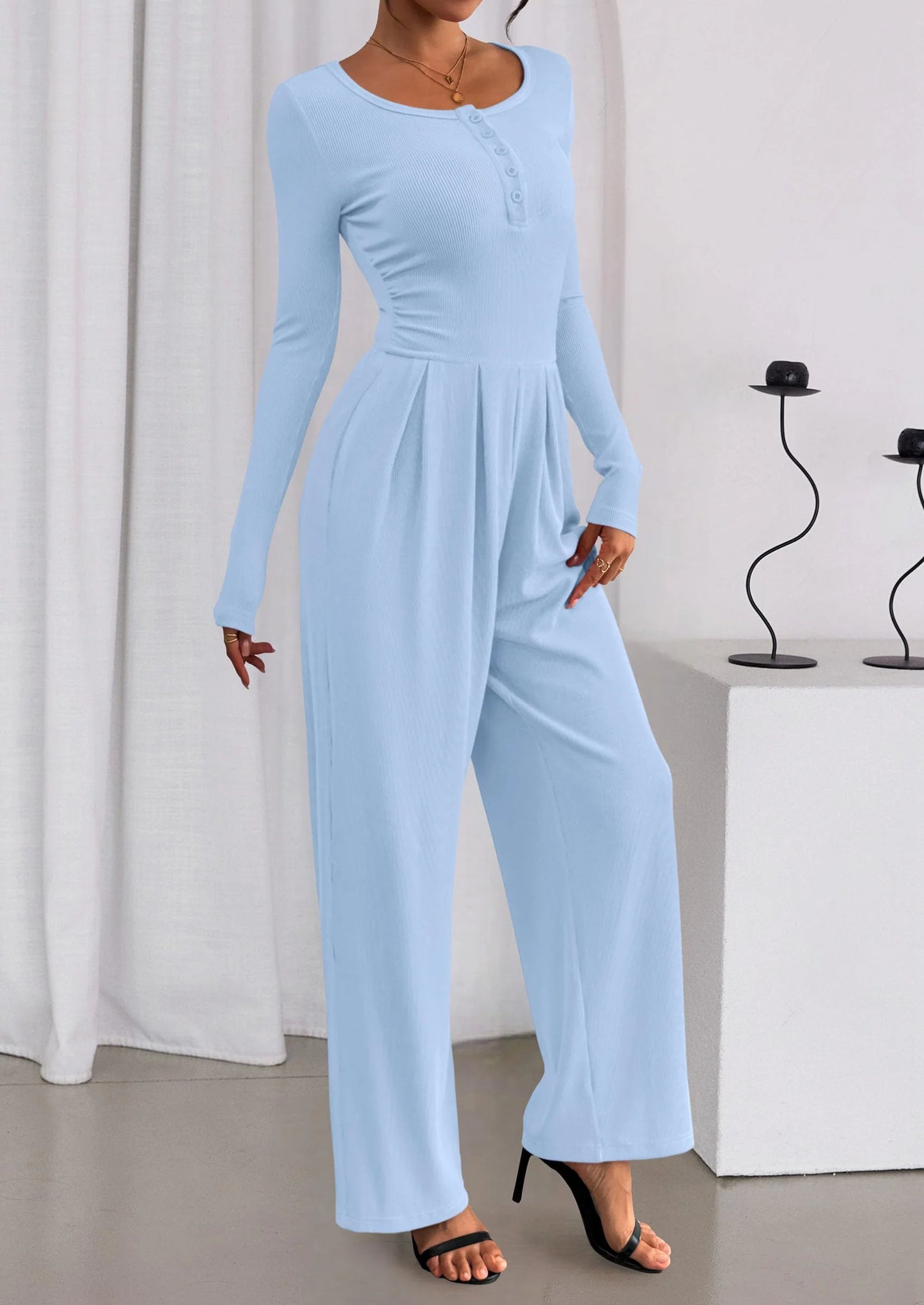 Jumpsuits for Women Dressy Casual Fall One Piece Outfits Long Sleeve Crew Neck Wide Leg Pants Rompers